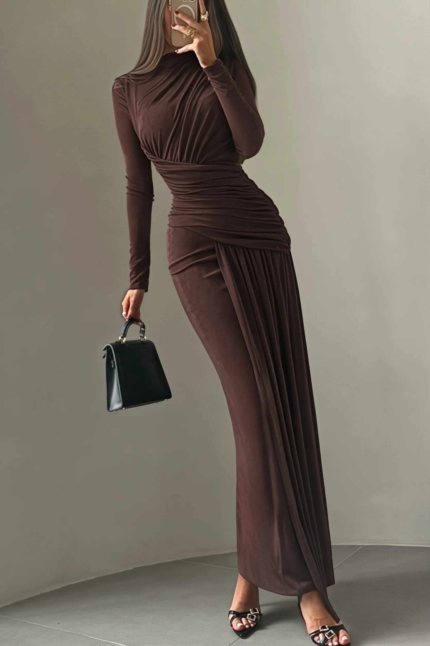 Simple Solid Long Sleeve Maxi Dress
