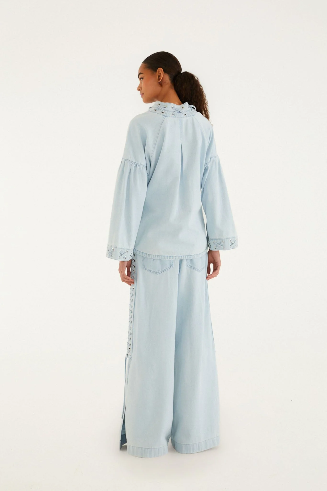 Light Denim Ties Wide-Leg Pants