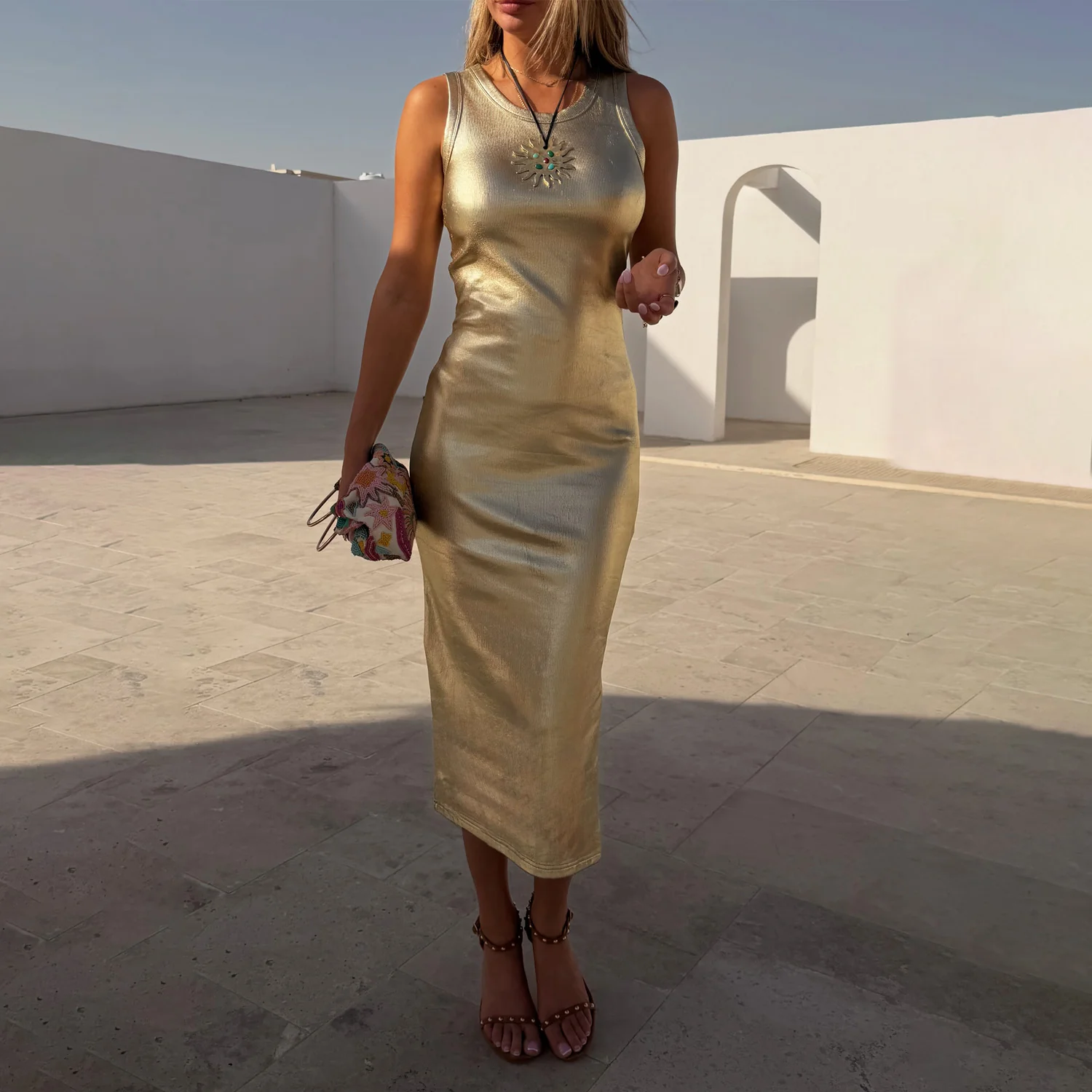 Gold Metallic Ribbed Dress