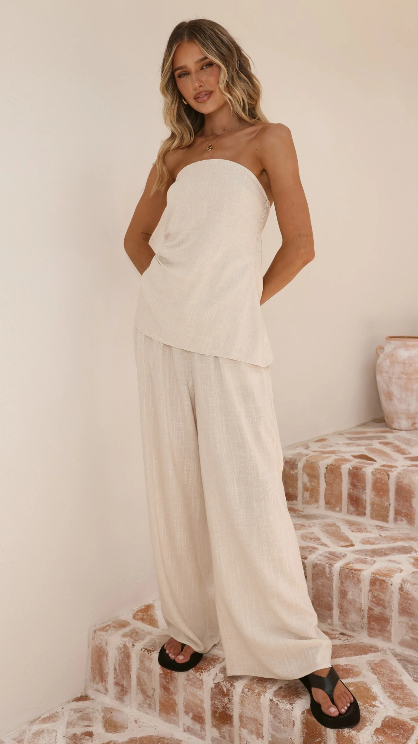 Yuki Strapless Top and Pants Set - Oatmeal