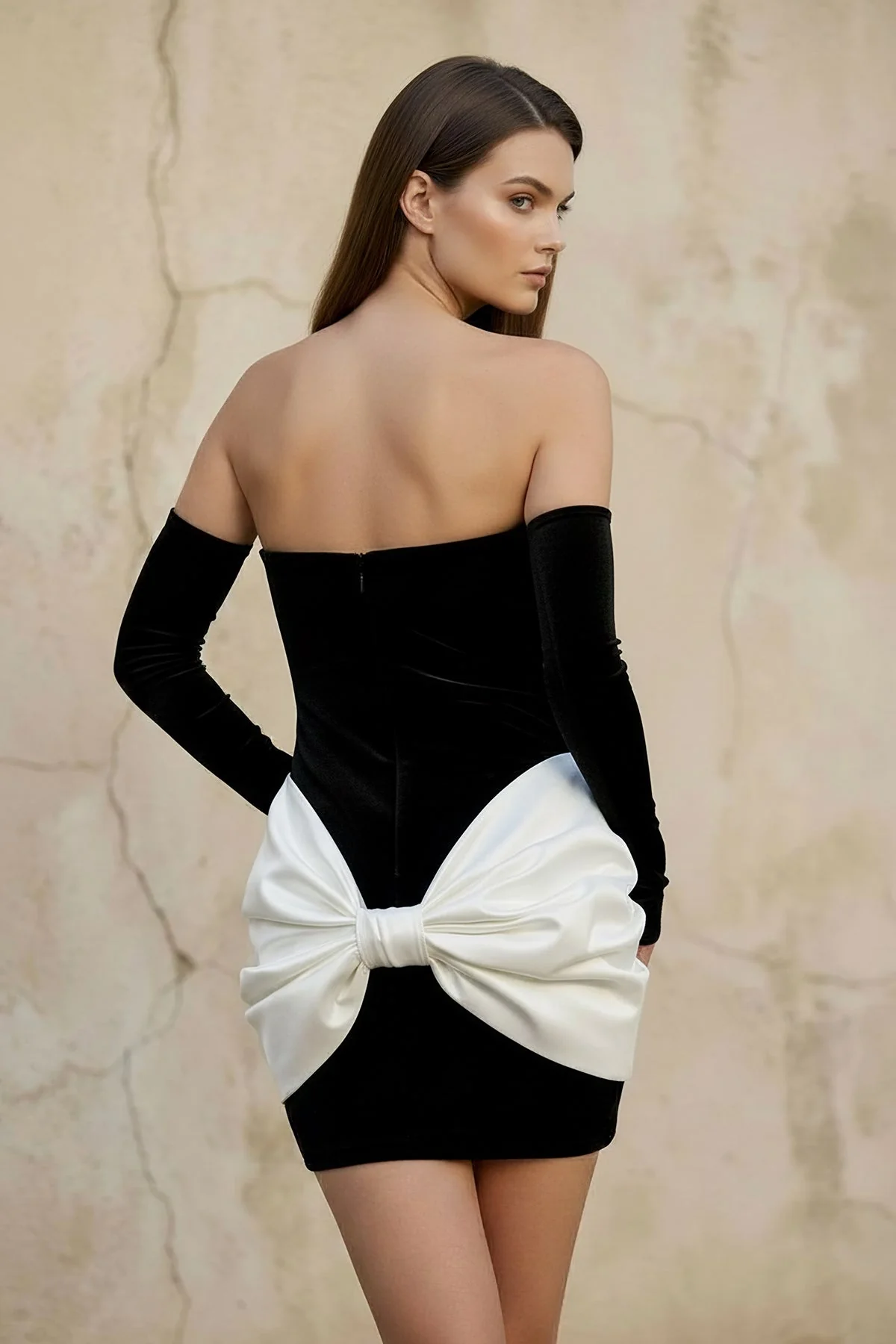Velvet Mini Dress With Bow in Black and White