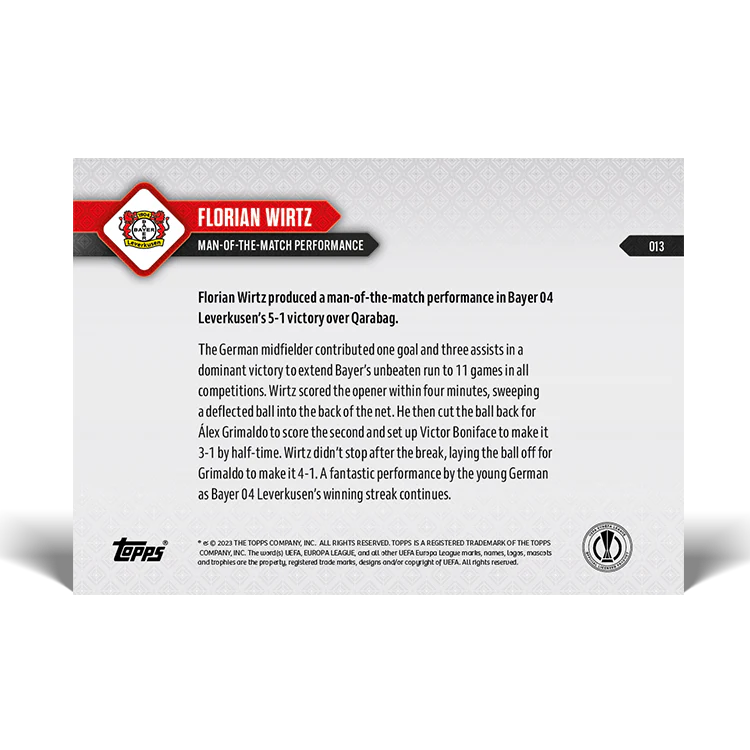 Topps UK - Florian Wirtz - Man Of The Match performance - UEL TOPPS NOW® Card #13