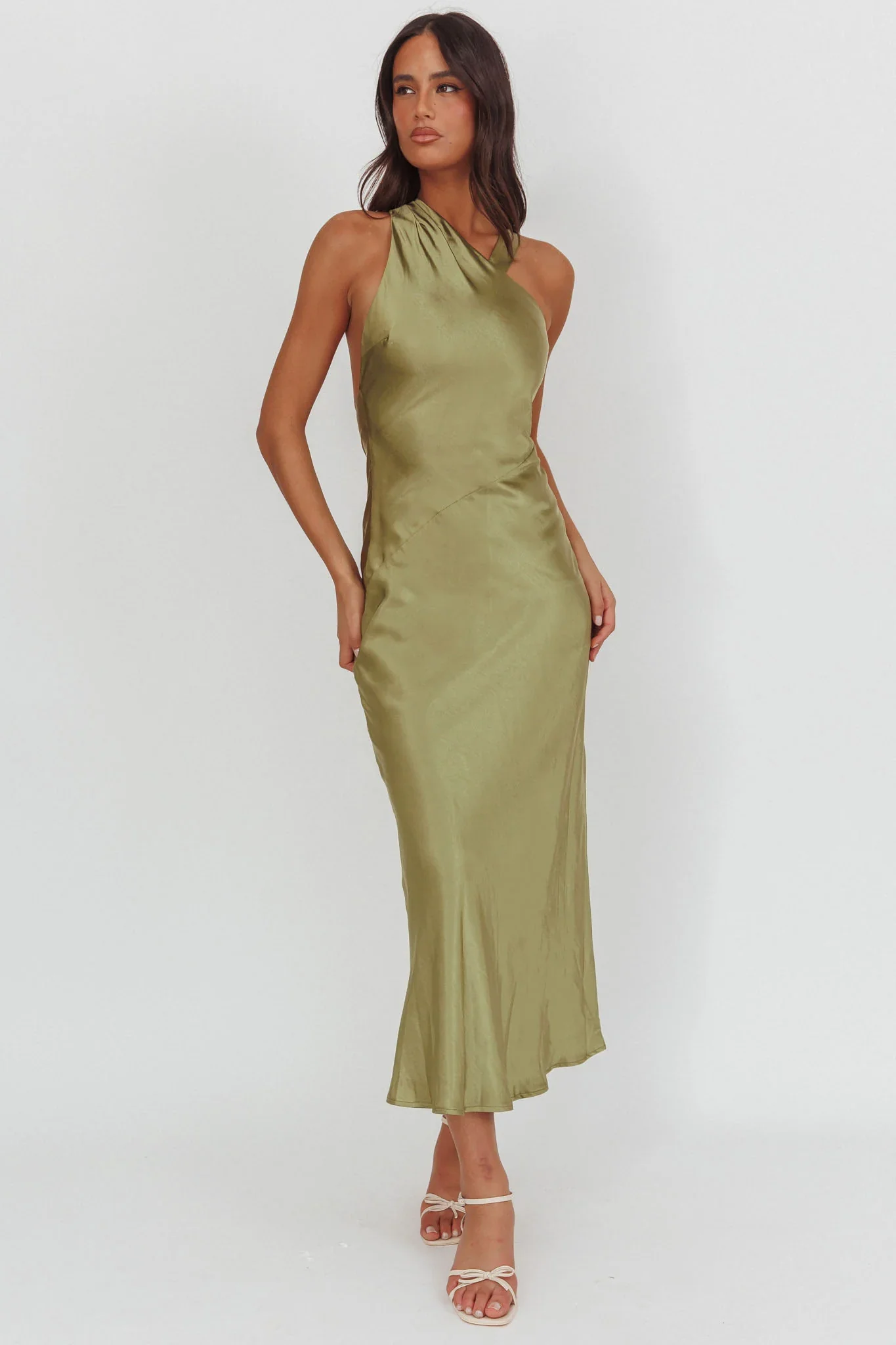 Florisse Asymmetric Neckline Maxi Dress Olive