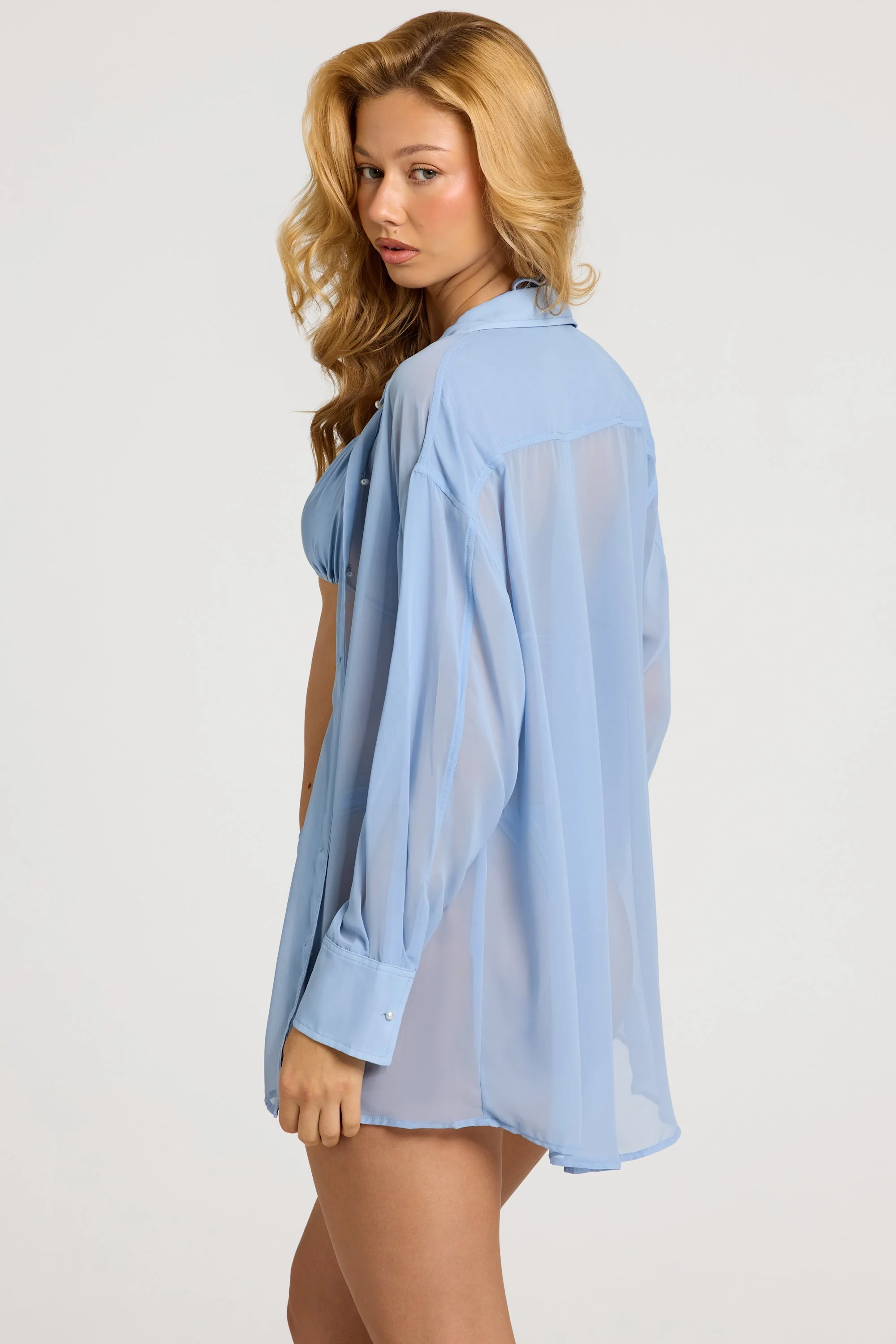Pearl-Detail Oversized Shirt in Sky Blue