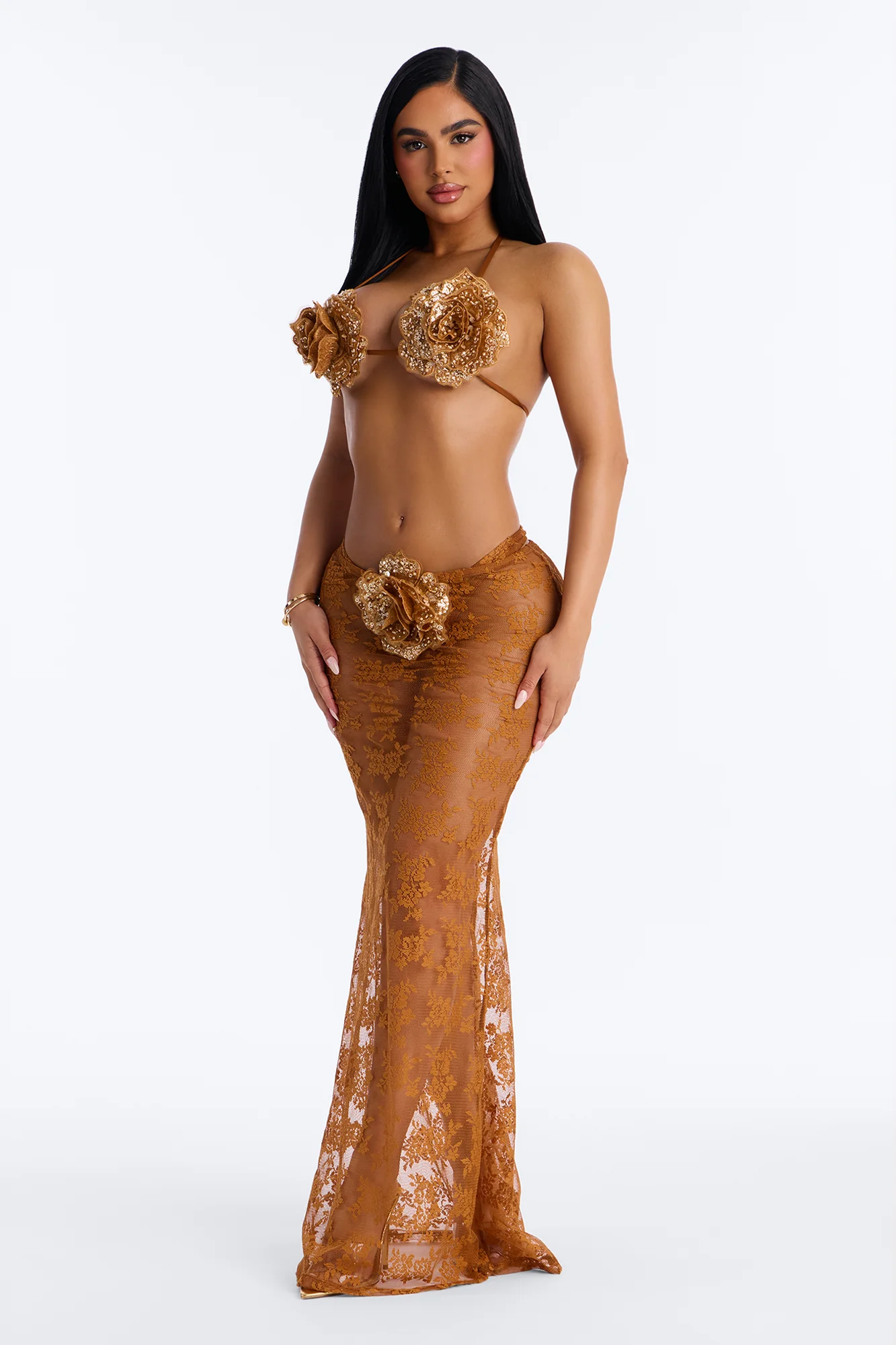 Flower Fever Sequin Applique 3 Piece Bikini Skirt Set - Brown
