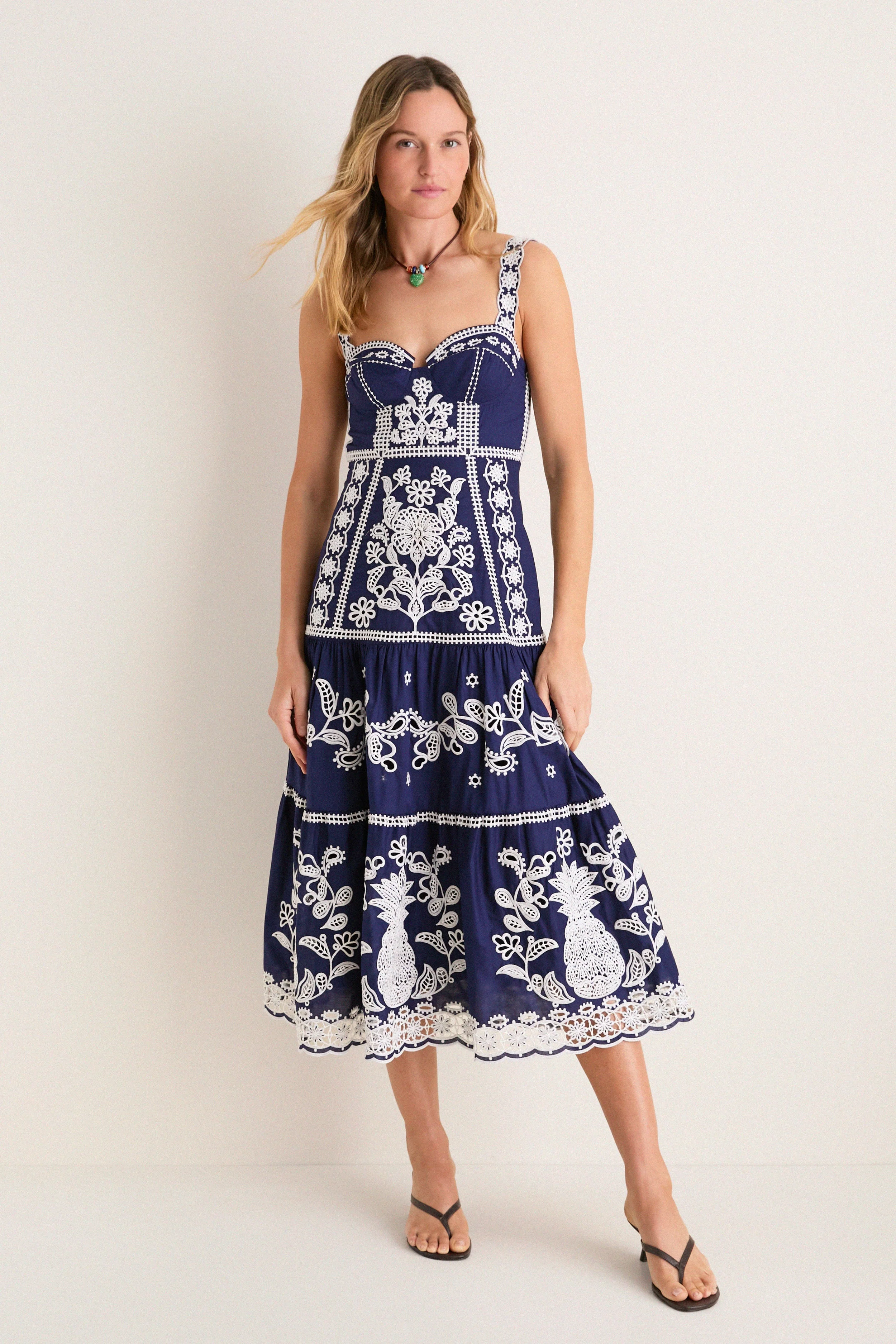 Blue and White Richilieu Midi Dress