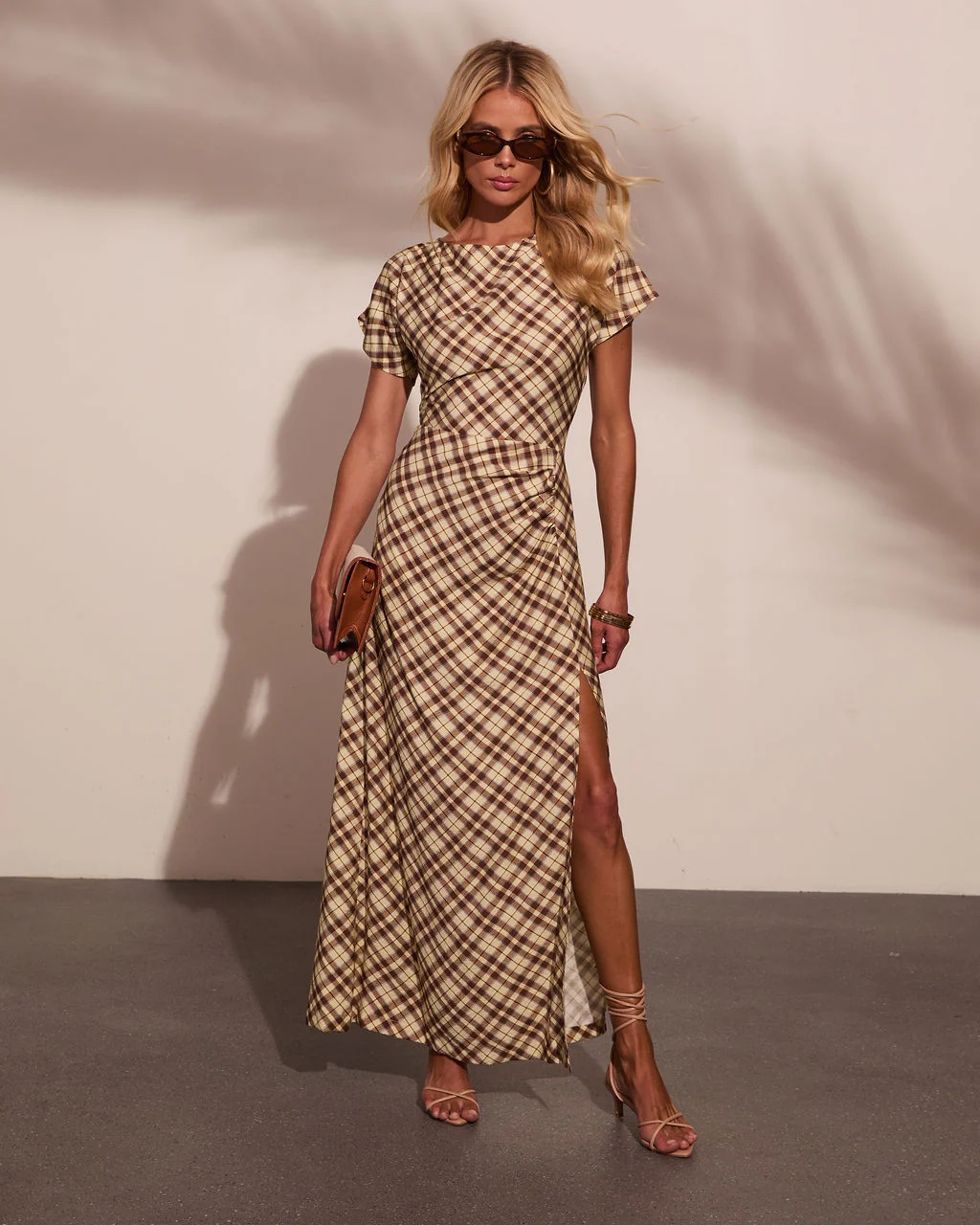 Collected Calm Ruched Plaid Maxi Dress