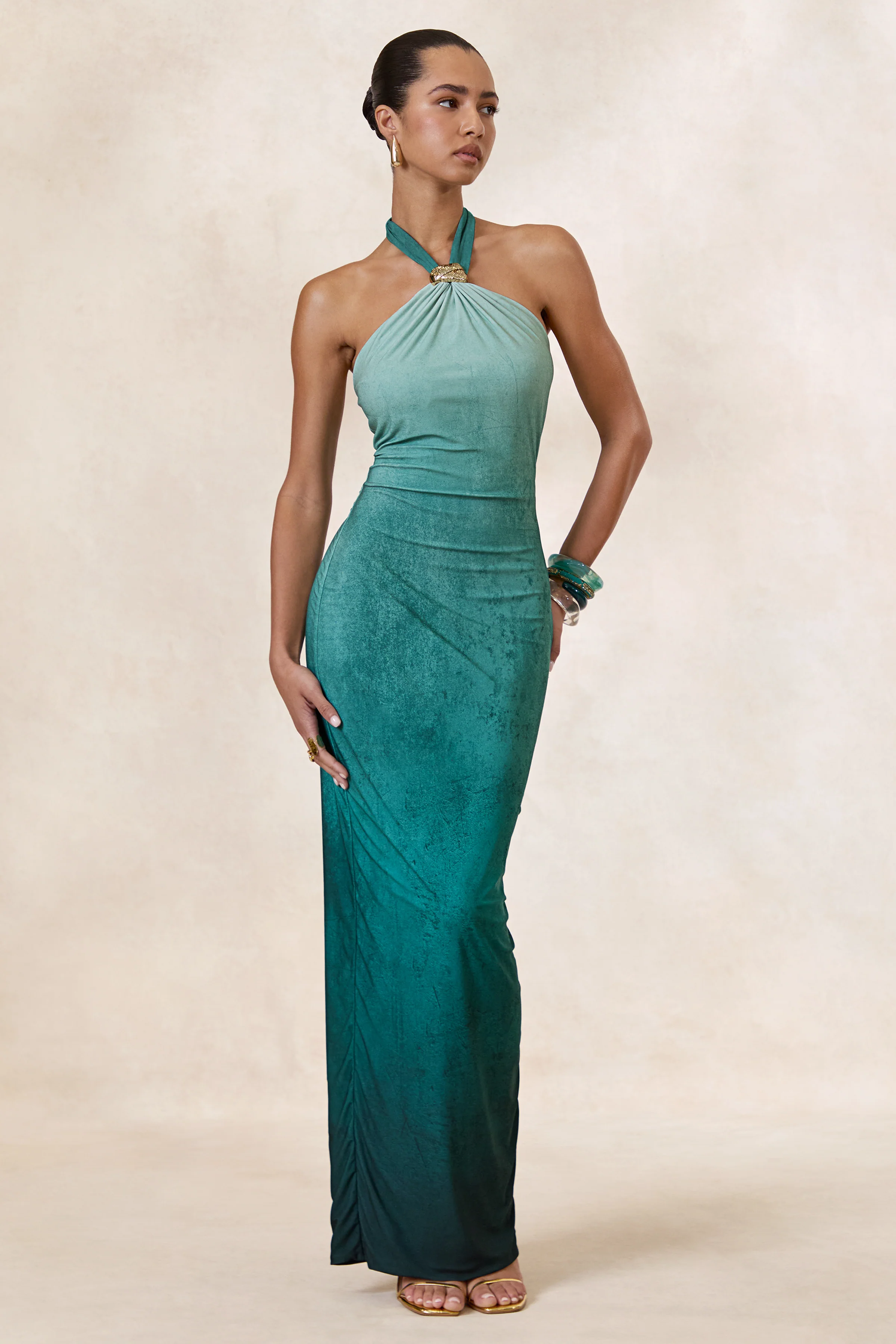 Thera | Turquoise Ombre Print Jersey Halter Maxi Dress With Gold Trim Detailing And Back Split
