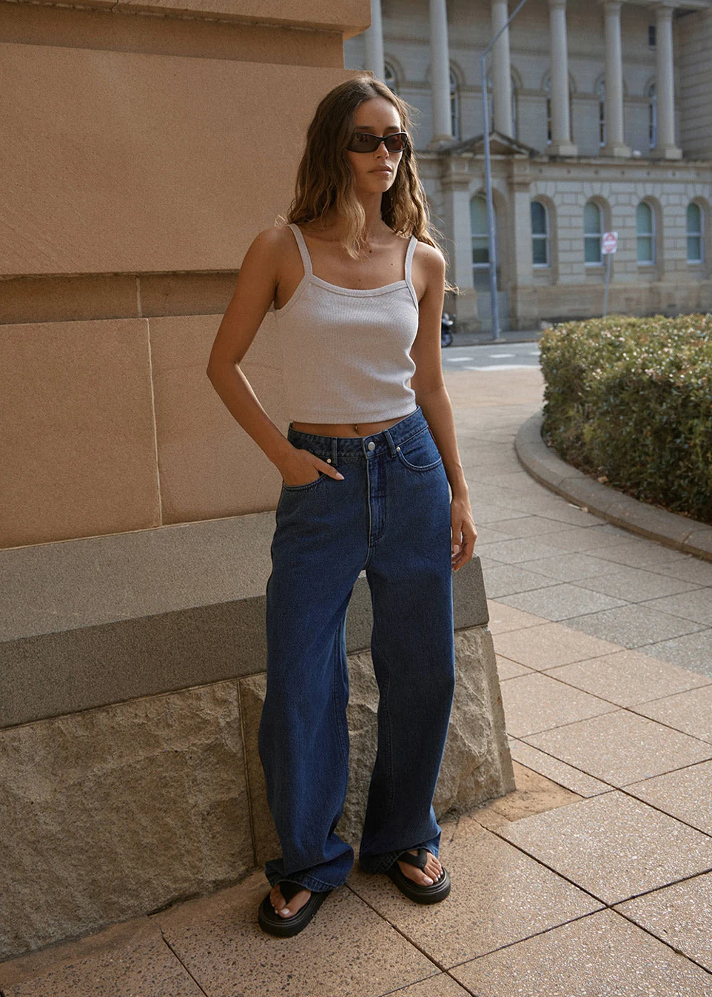 AFENDS Womens Bella Stripe - Denim Wide Leg Jean - Authentic Blue