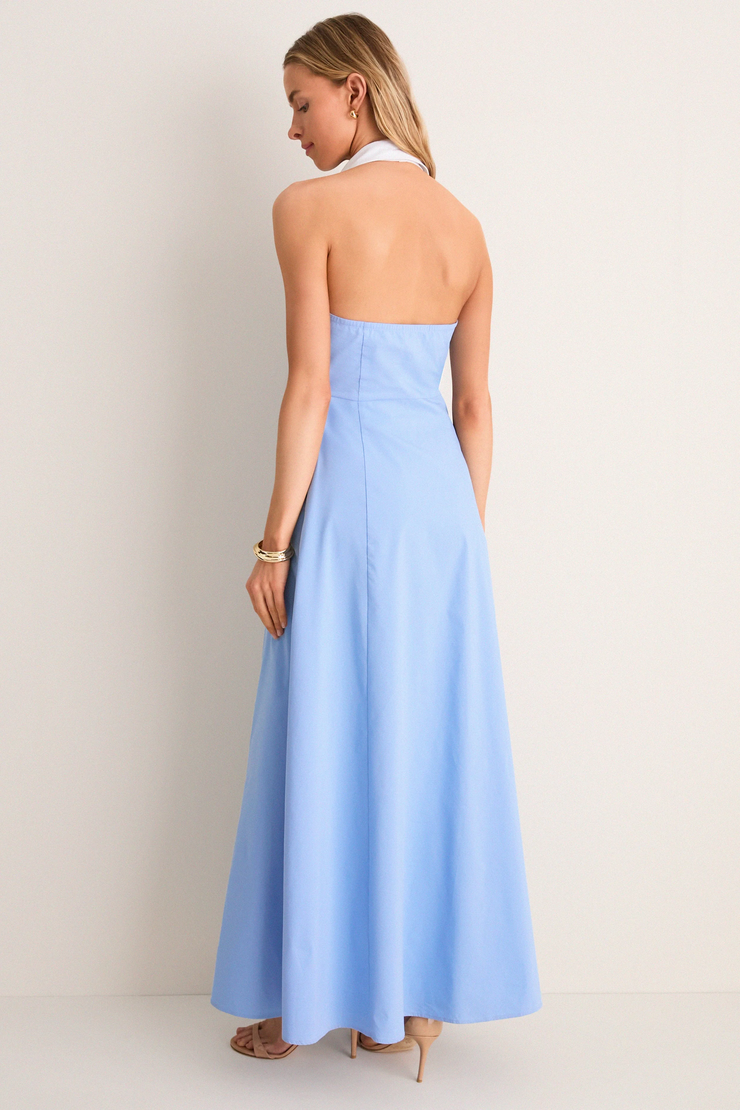 Vista Blue and White Maurie Halter Maxi Dress