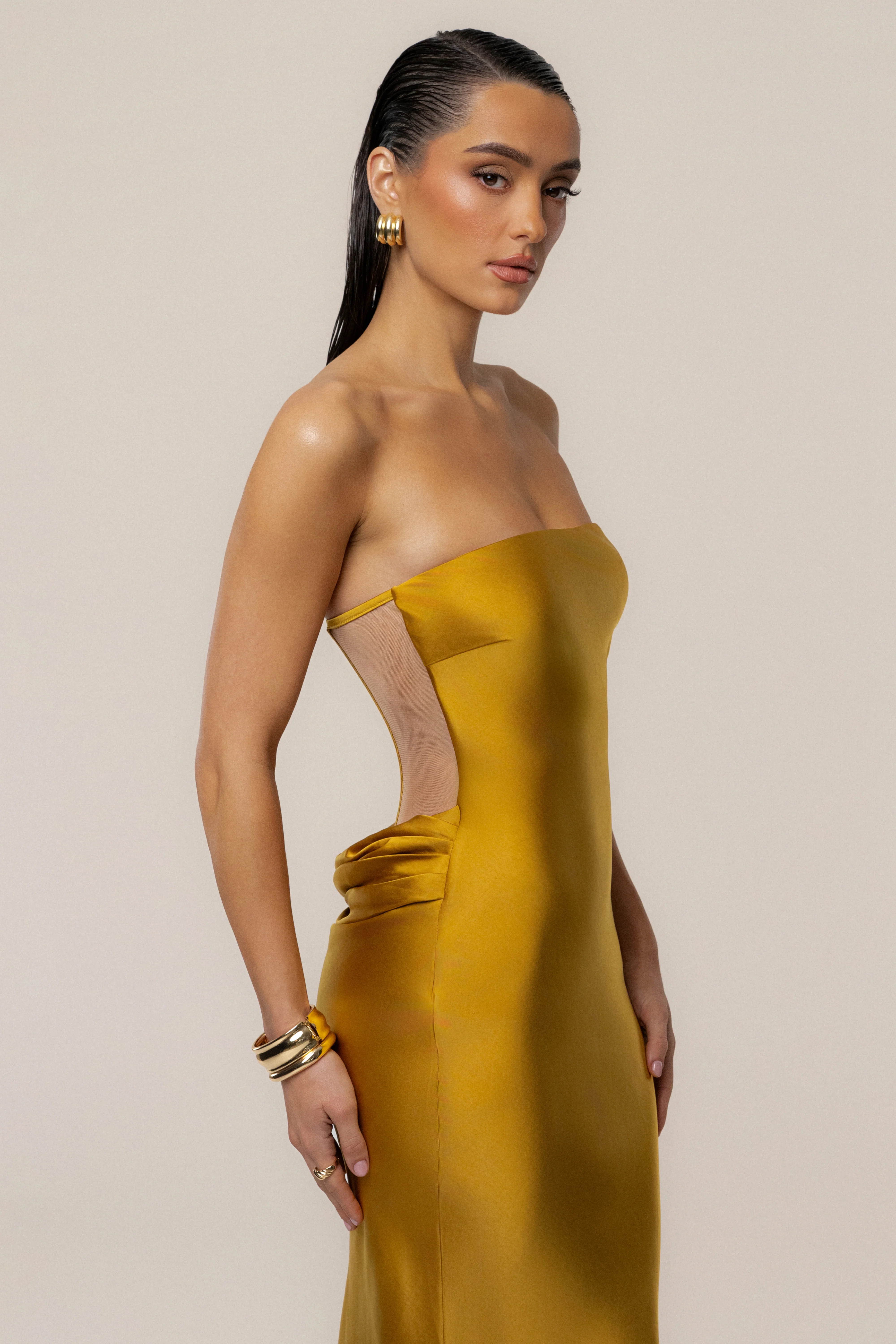 Gold Regal Rising Satin Maxi Dress