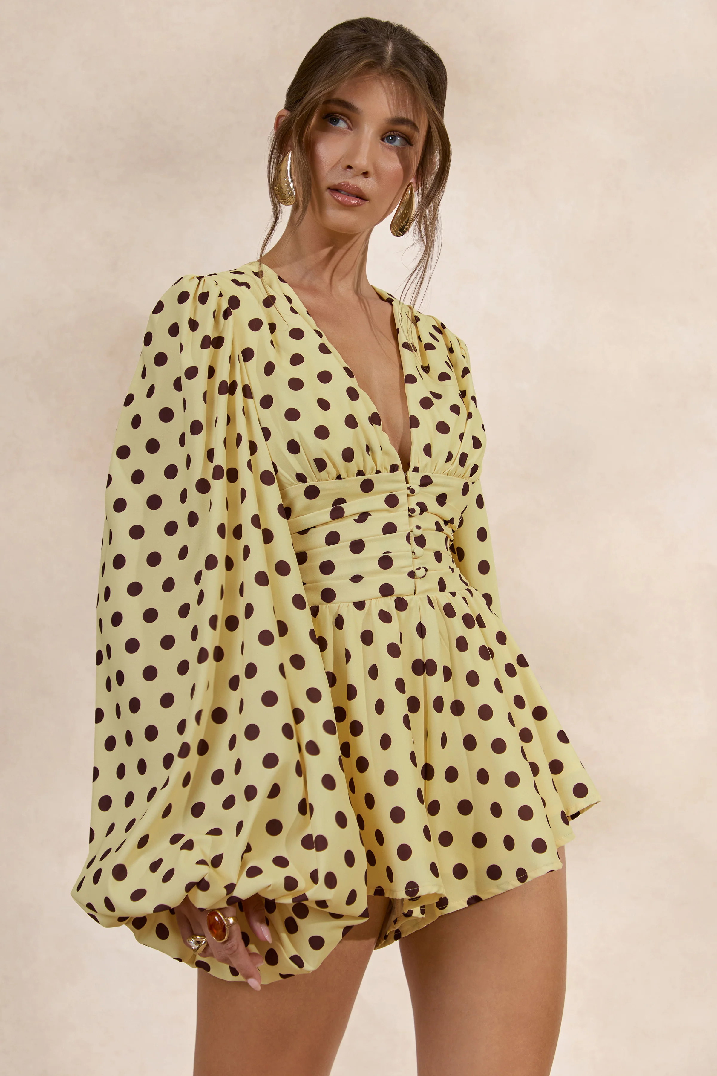 Laurel | Lemon Polka Dot V-Neck Balloon Sleeve Romper