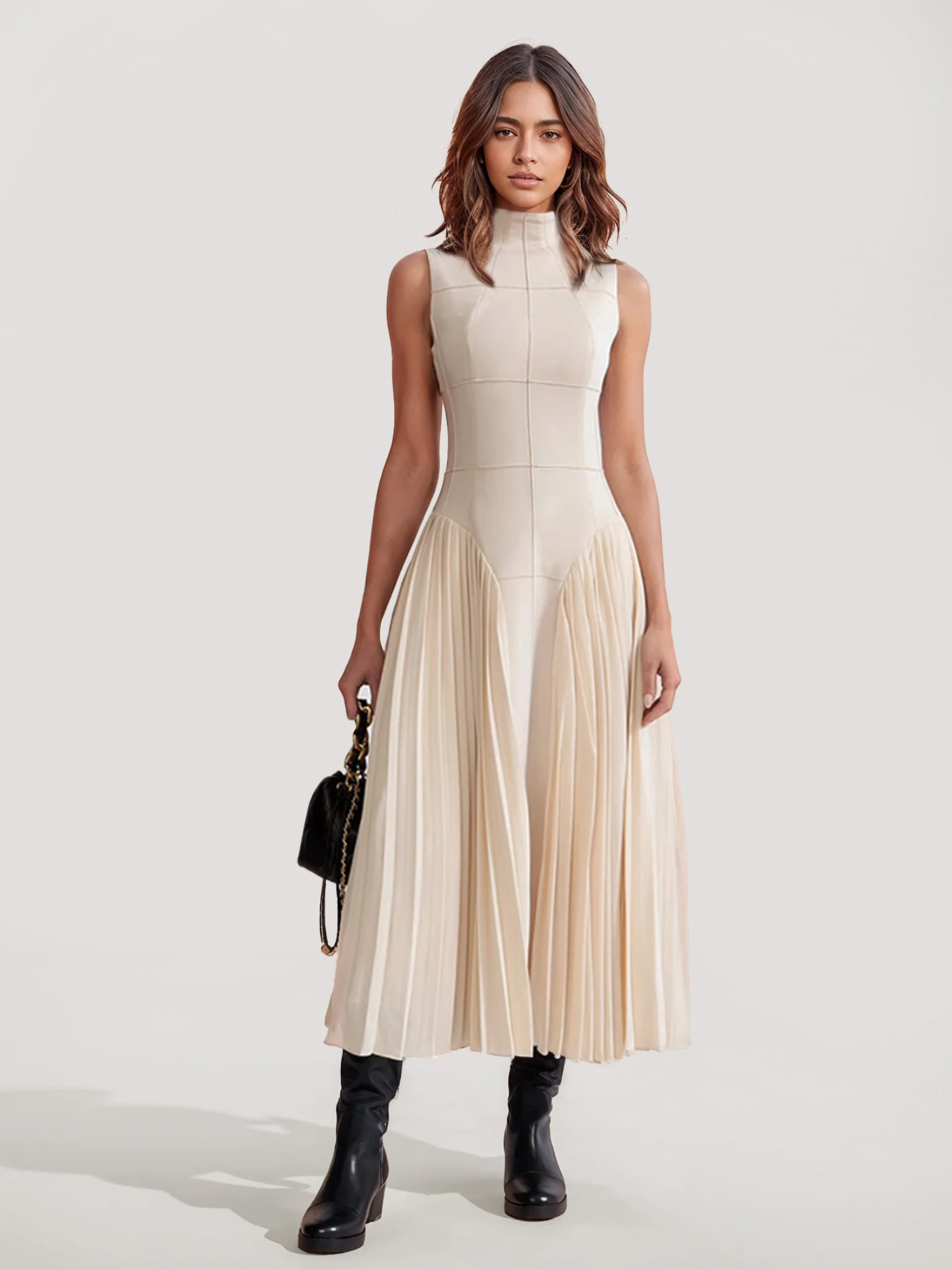Pleated Midi Dress with Geometric Design