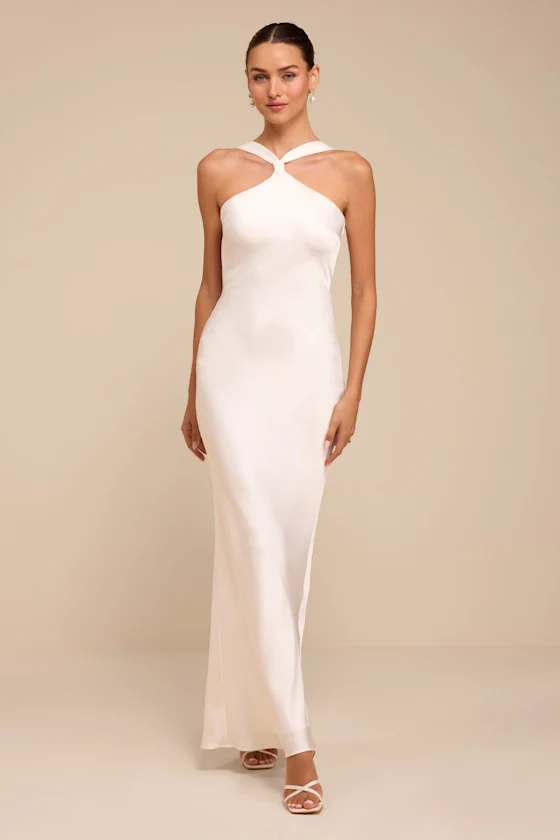 Deanira White Satin Backless Column Maxi Dress