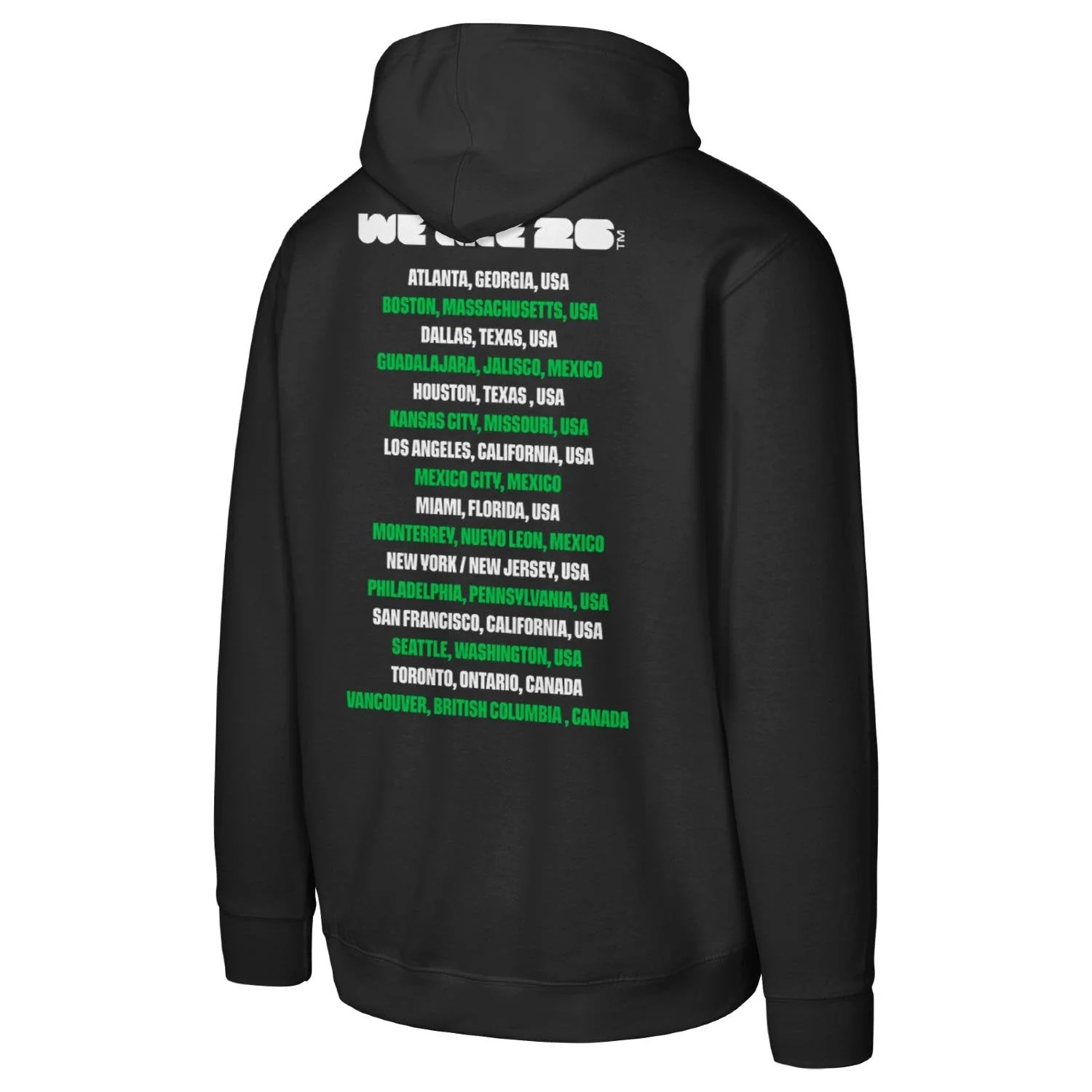 2026 Soccer Fan Collection Host Cities Futbol Black Hoodie - Unisex