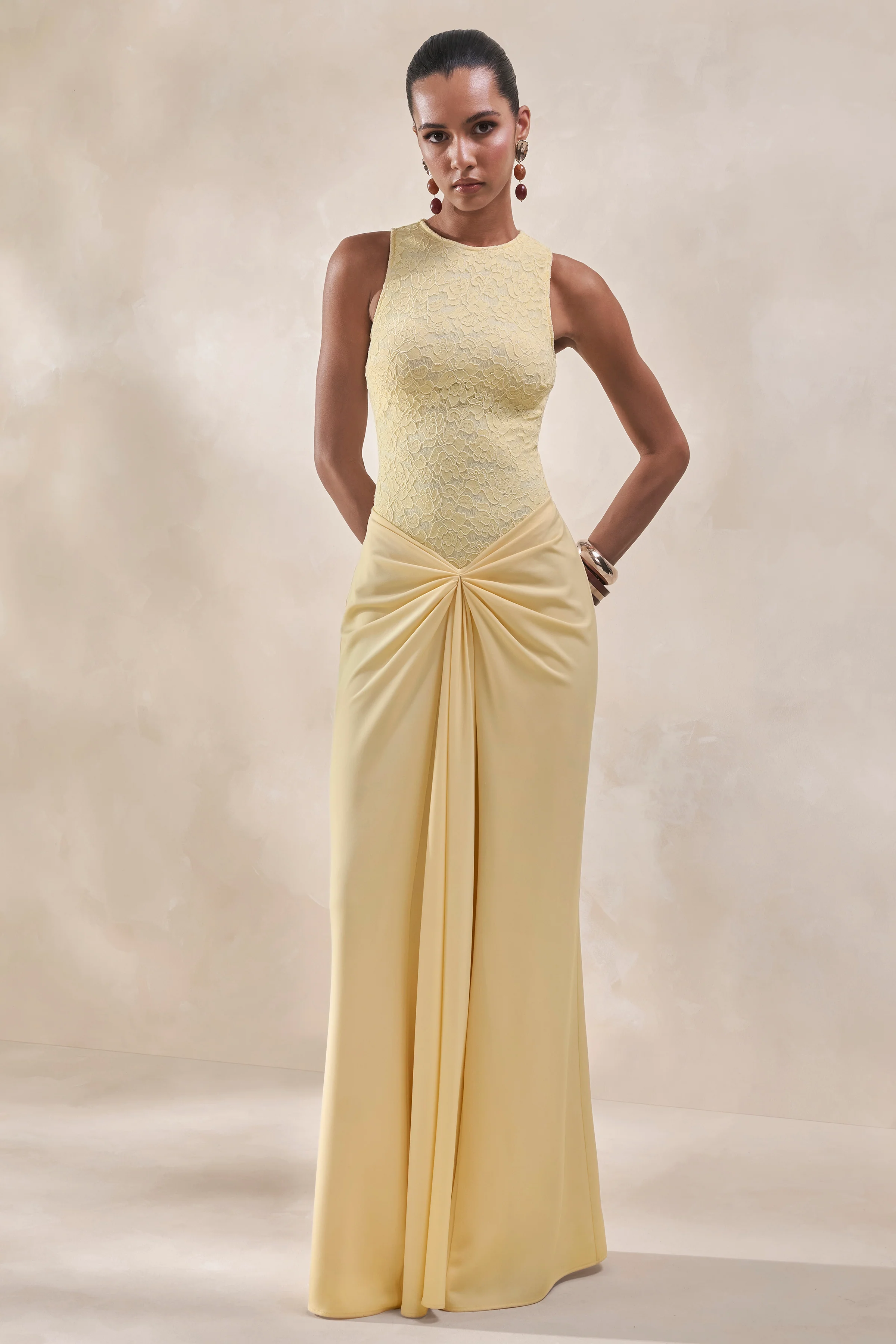 Setaria | Lemon Satin Maxi-Skirt With Gathered-Detailing And Sash