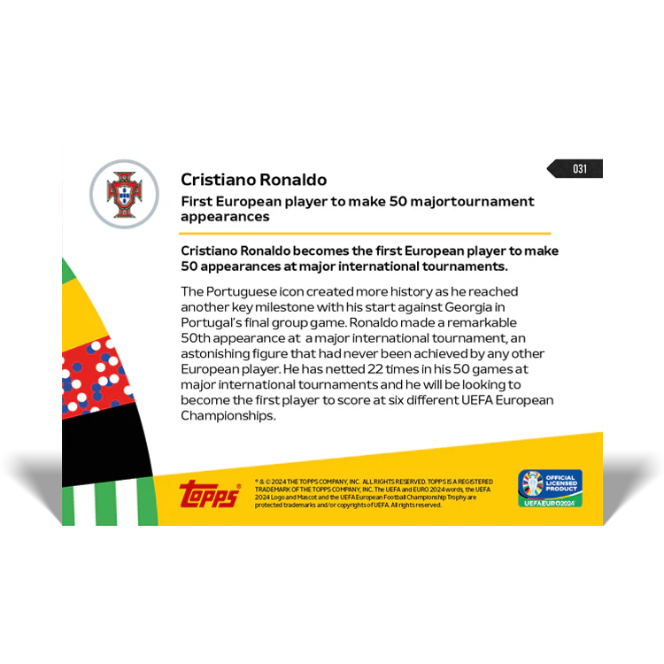 Cristiano Ronaldo - First European player to make 50 major international tournament appearances - EURO 2024 TOPPS NOW® Card 31