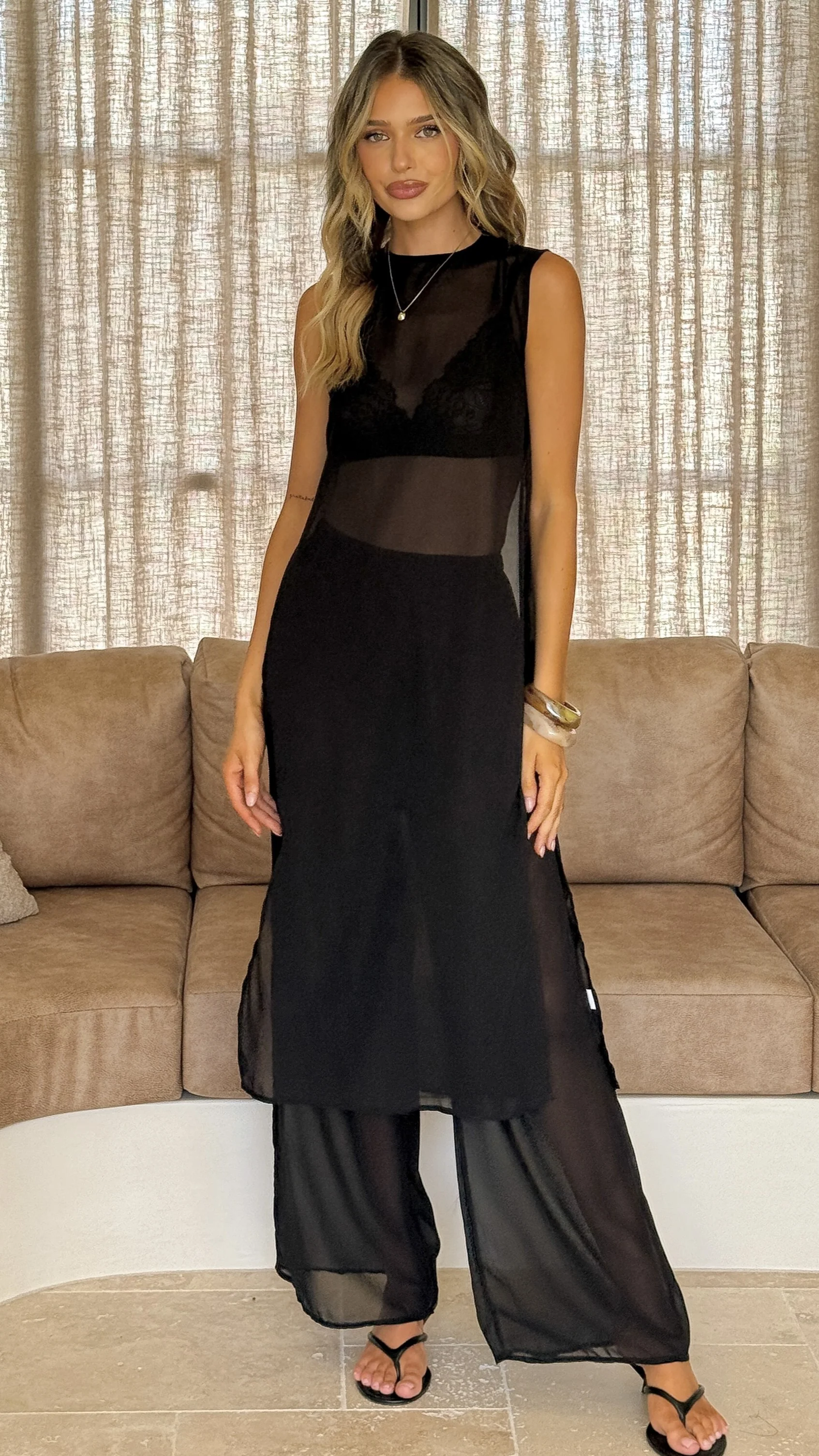 Zaire Long Line Sheer Top and Pants Set - Black