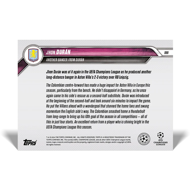 Jhon Durán - Another banger from Durán - 24/25 UCC Topps NOW® Card 69