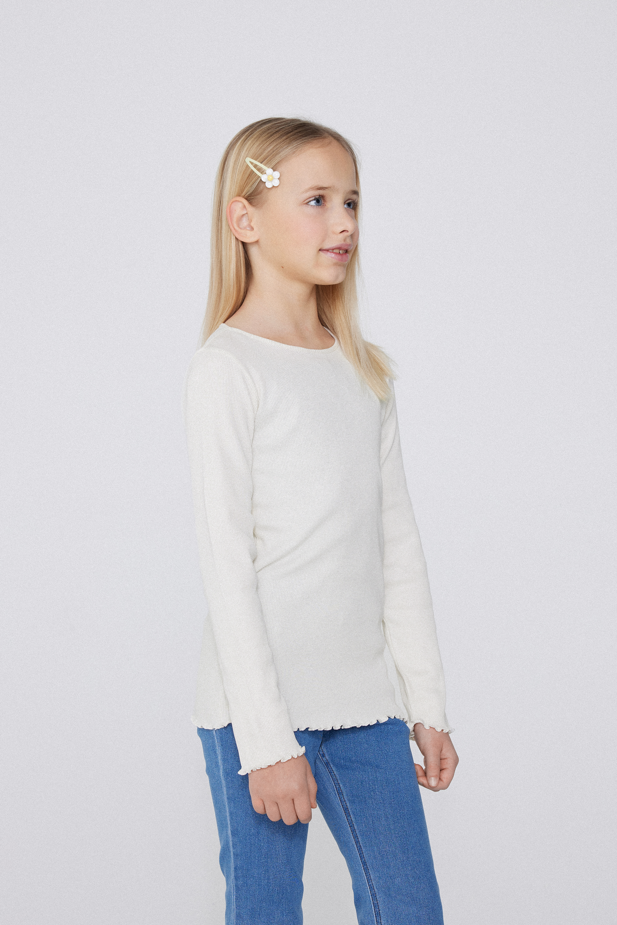 Girls’ Long Sleeve Ribbed Round-Neck Top with Rolled Hem