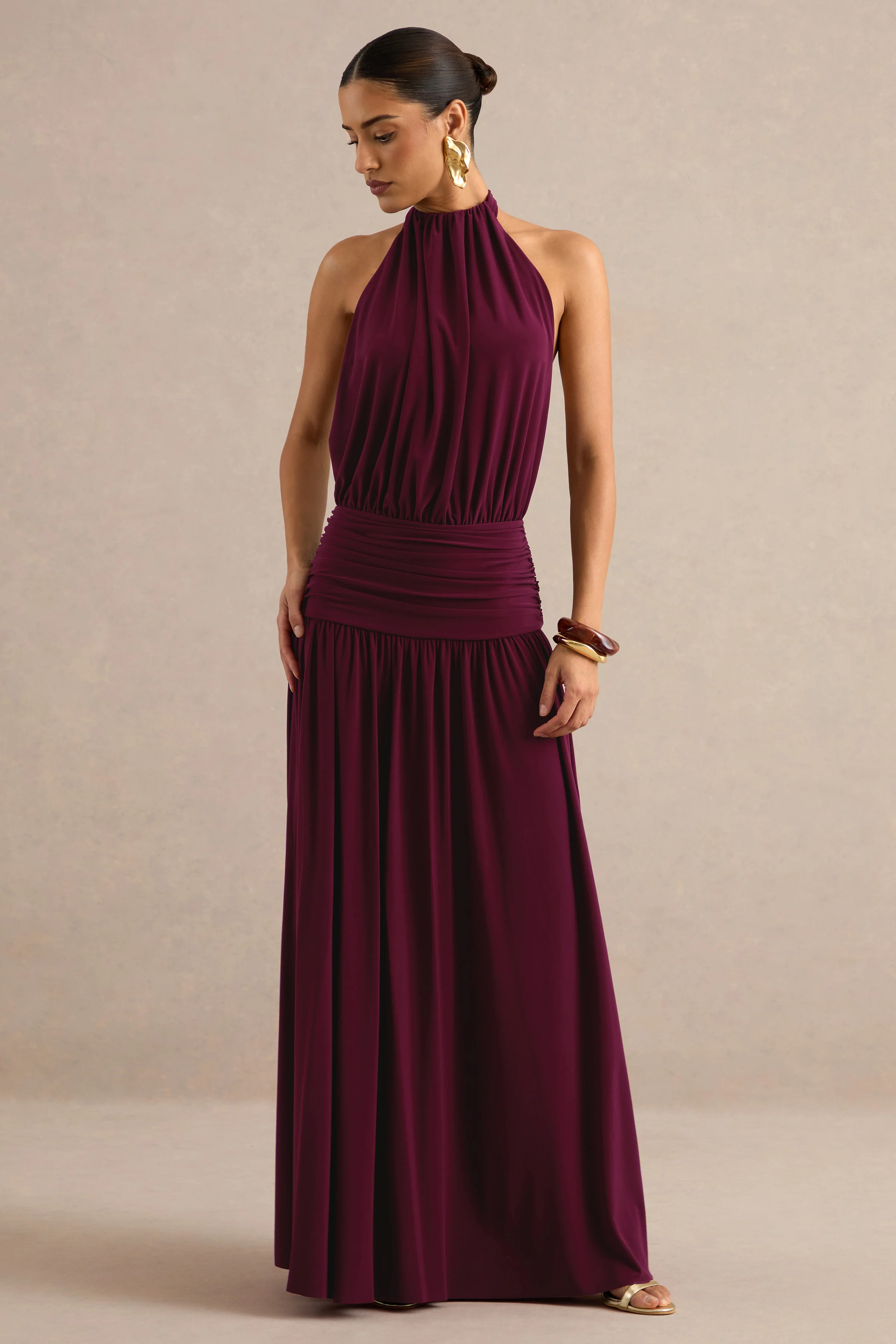 Hilarie | Burgundy Jersey Ruched High Neck Maxi Dress With Open Back