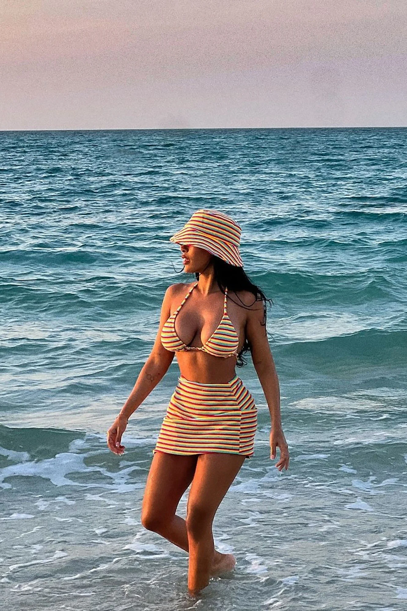 Joanna Stripe Terry Bucket Hat & Skirt 4 Piece Bikini Set - Yellow/combo