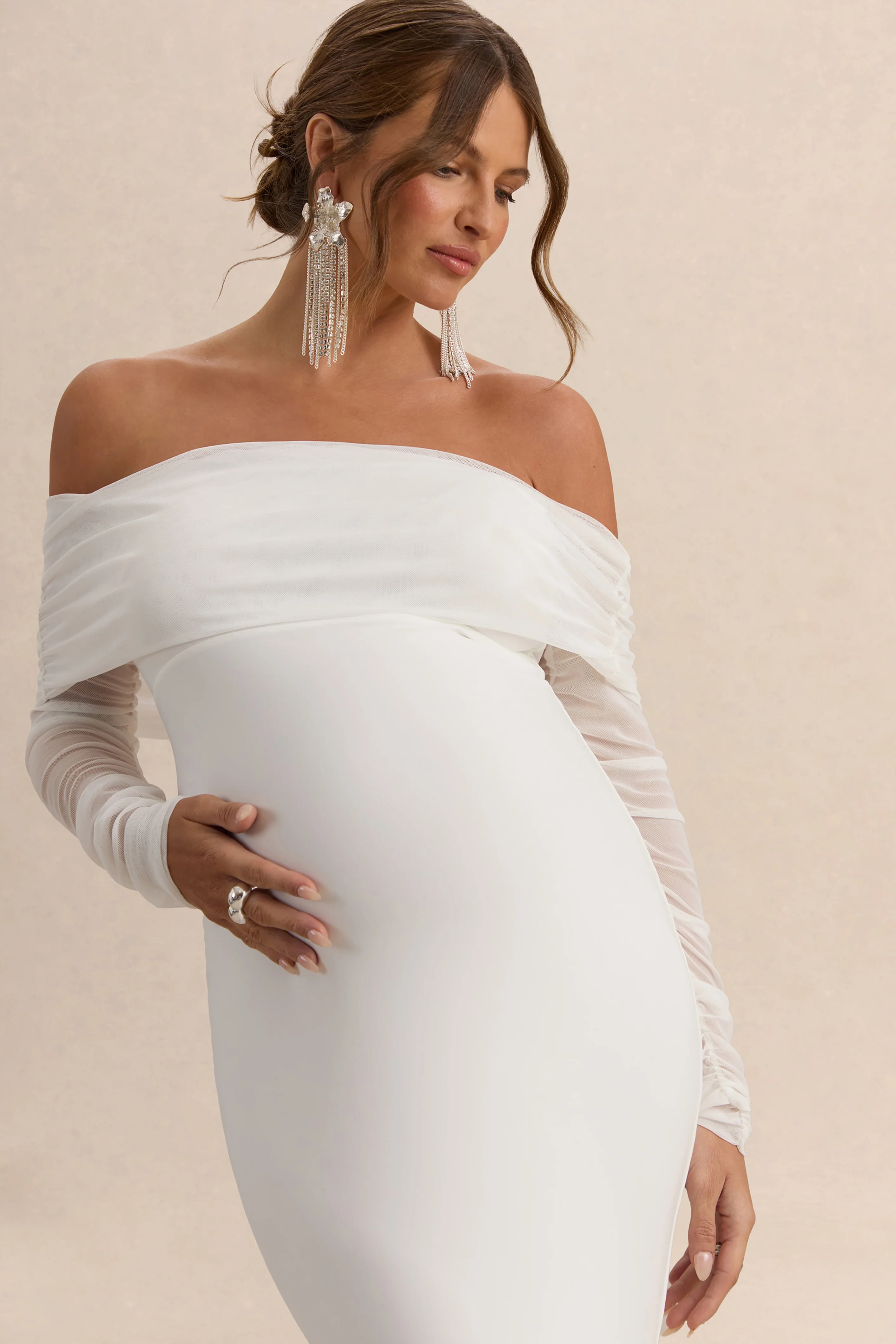 Pretty Perfect | White Maternity Ruched Mesh Bardot Maxi Dress