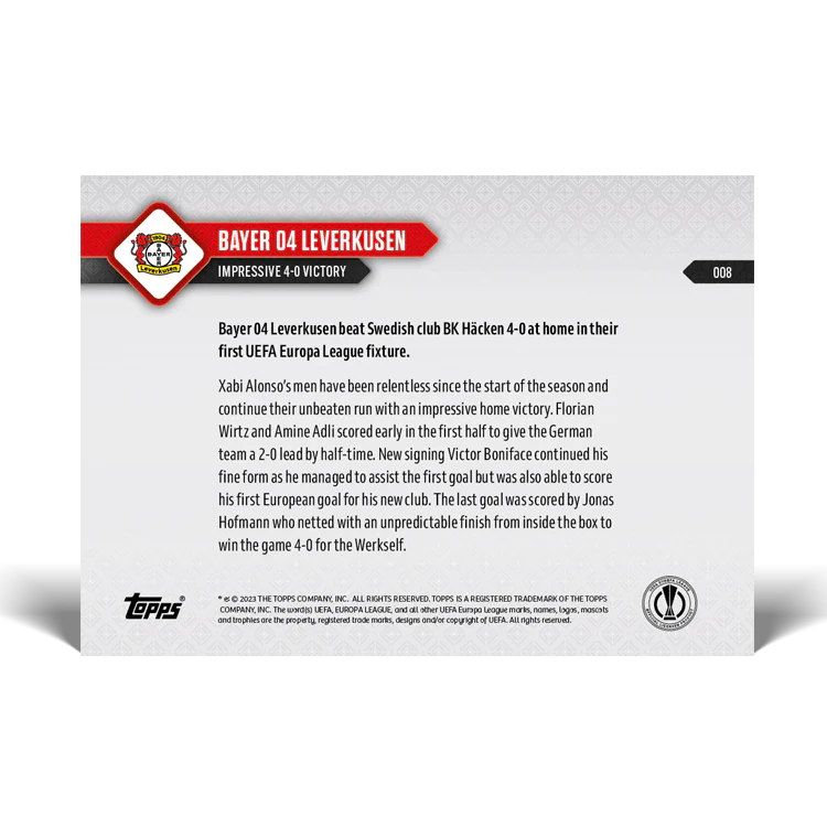 Topps UK - Bayer 04 Leverkusen - Impressive 4-0 victory - UEL TOPPS NOW® Card #8