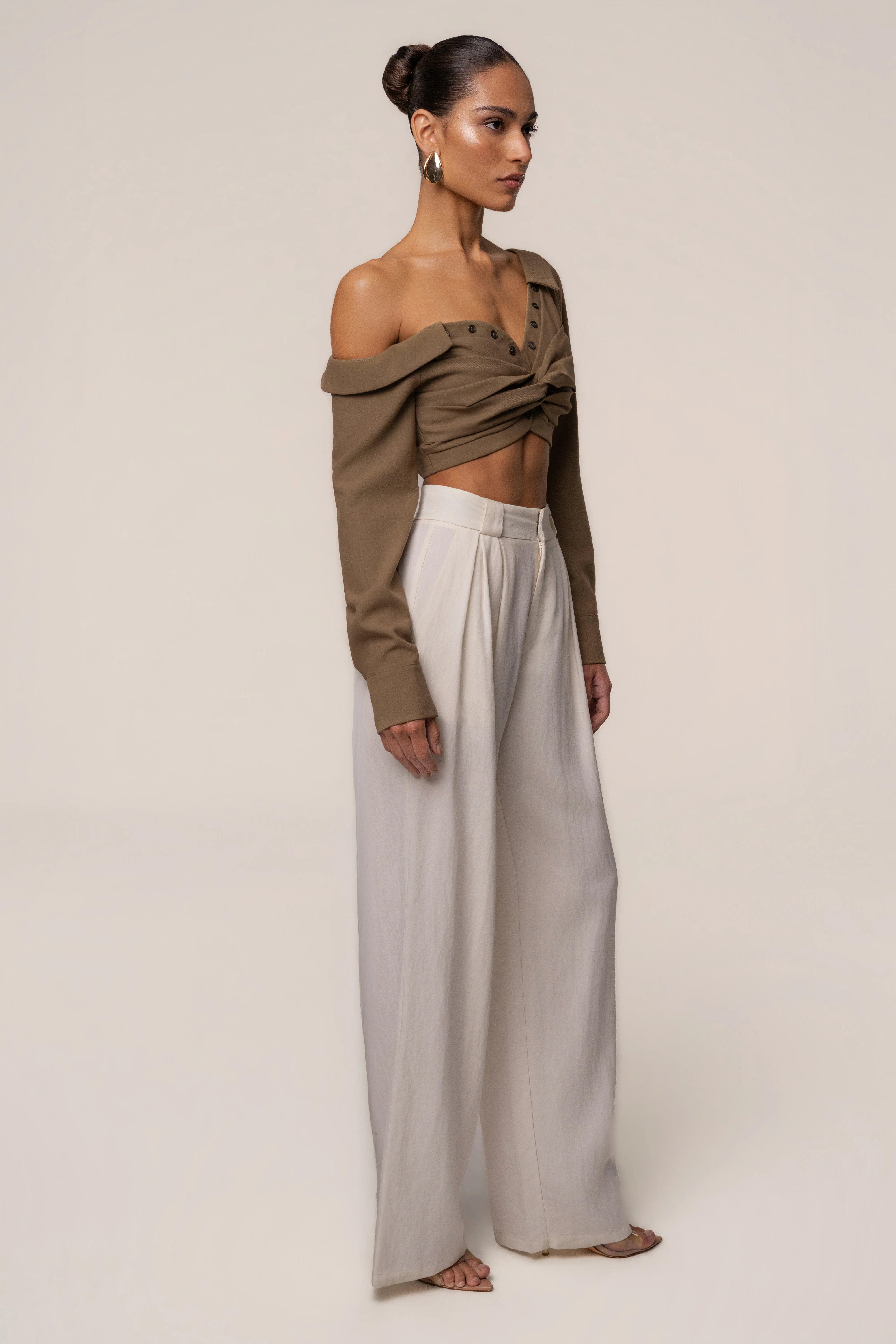 Olive Off-Shoulder Twist Crop Top