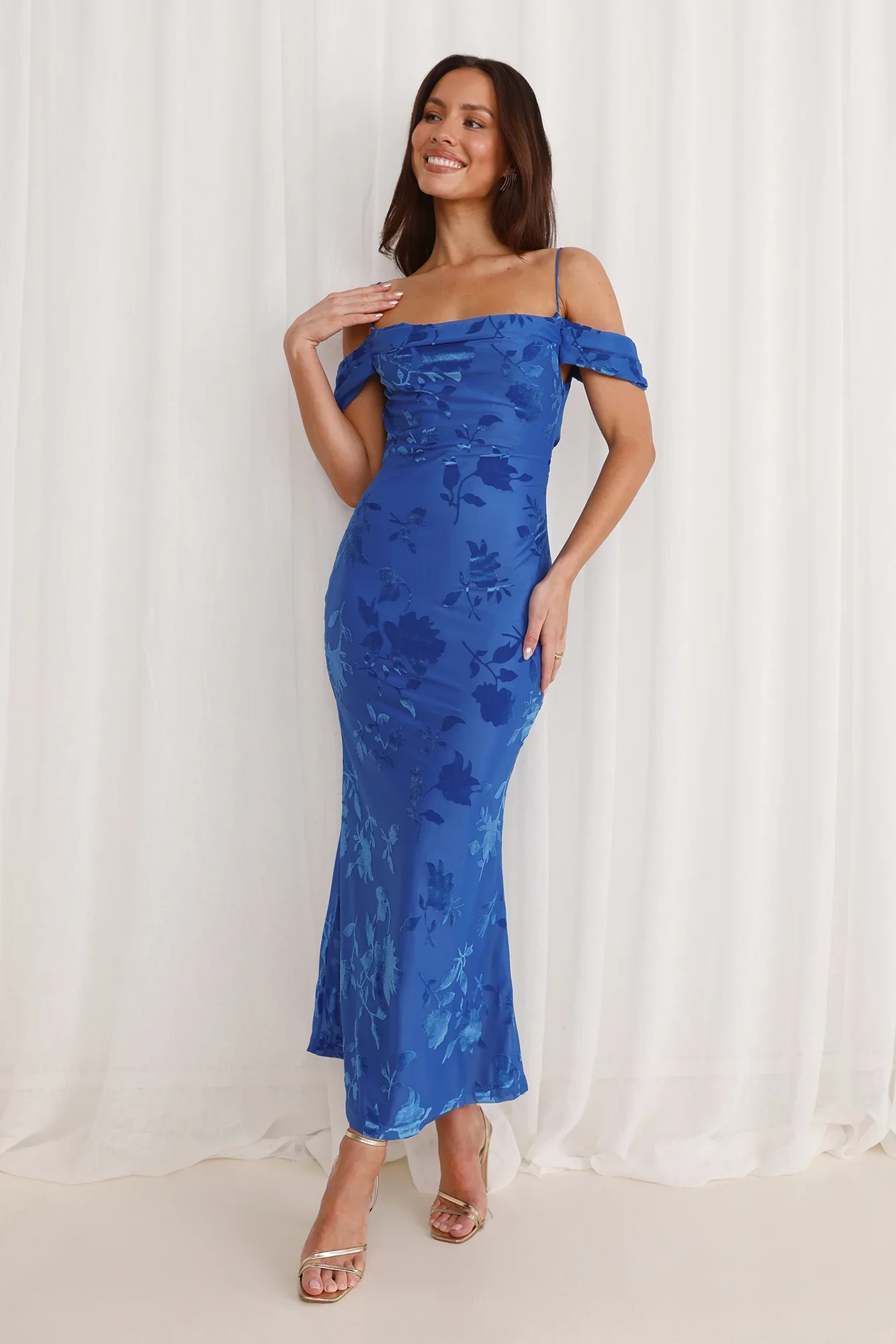 Good Fun Off Shoulder Maxi Dress Blue