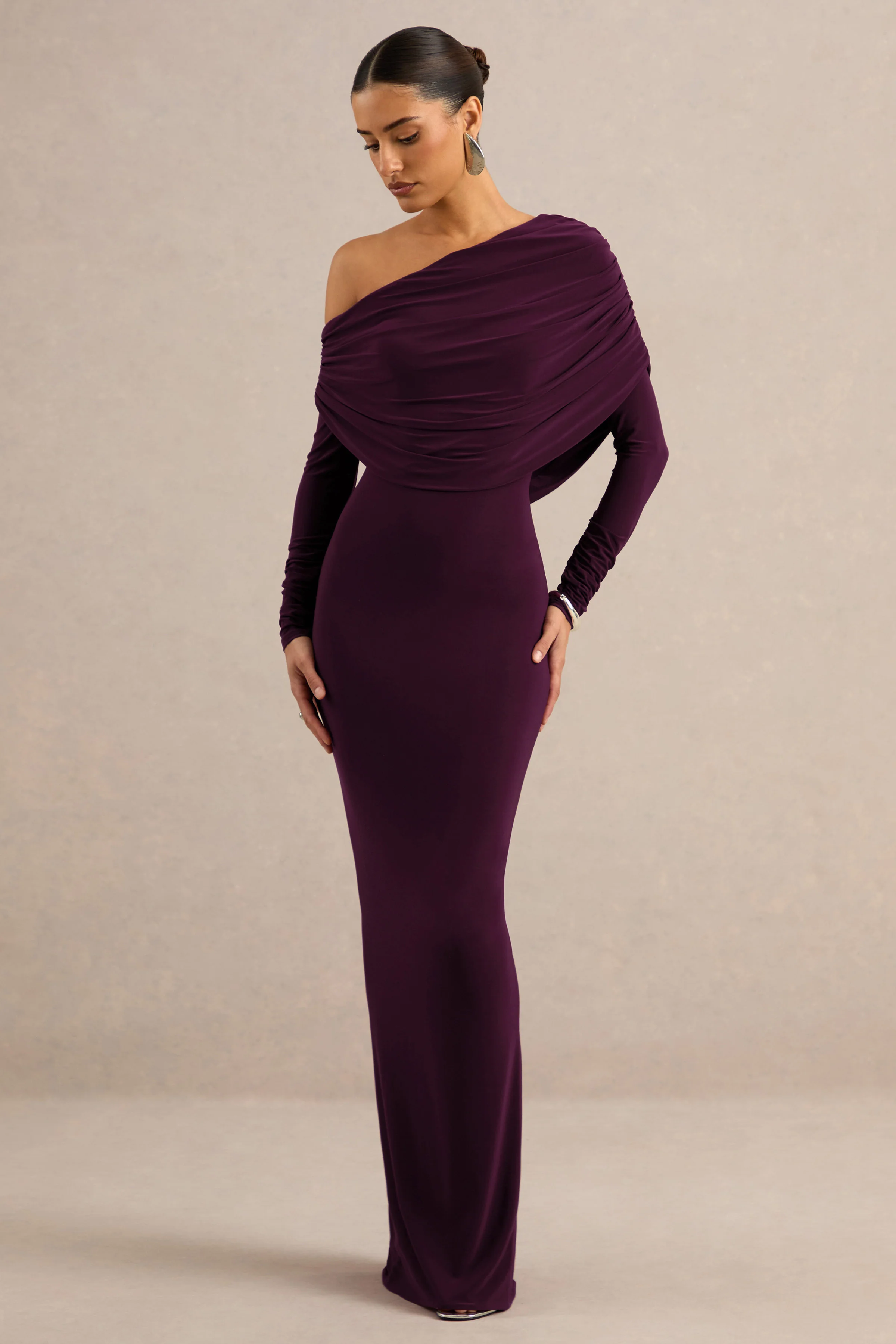 Cadia | Purple Jersey One Shoulder Long Sleeve Maxi Dress With Ruching