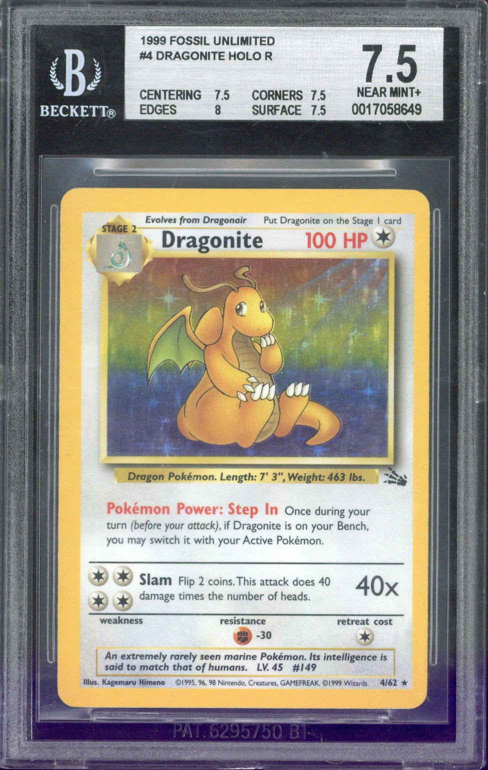 1999 Pokemon Fossil Unlimited Dragonite Holo #4 BGS 7.5