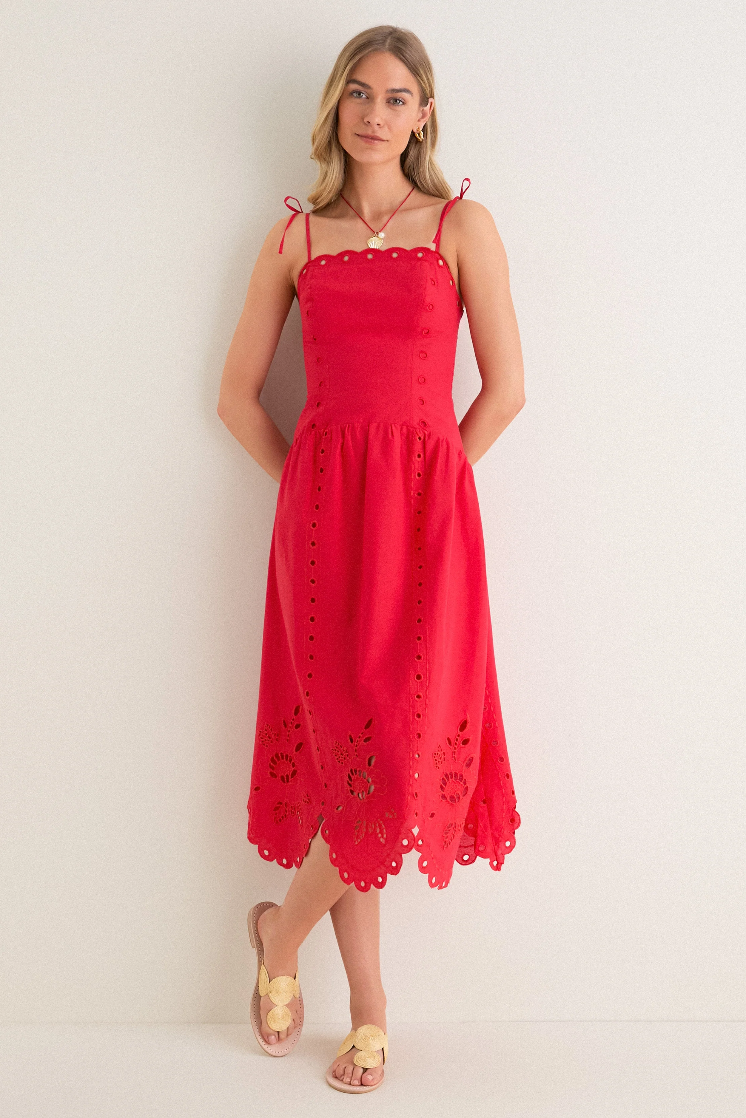 Red Eyelet Detail Midi Dress