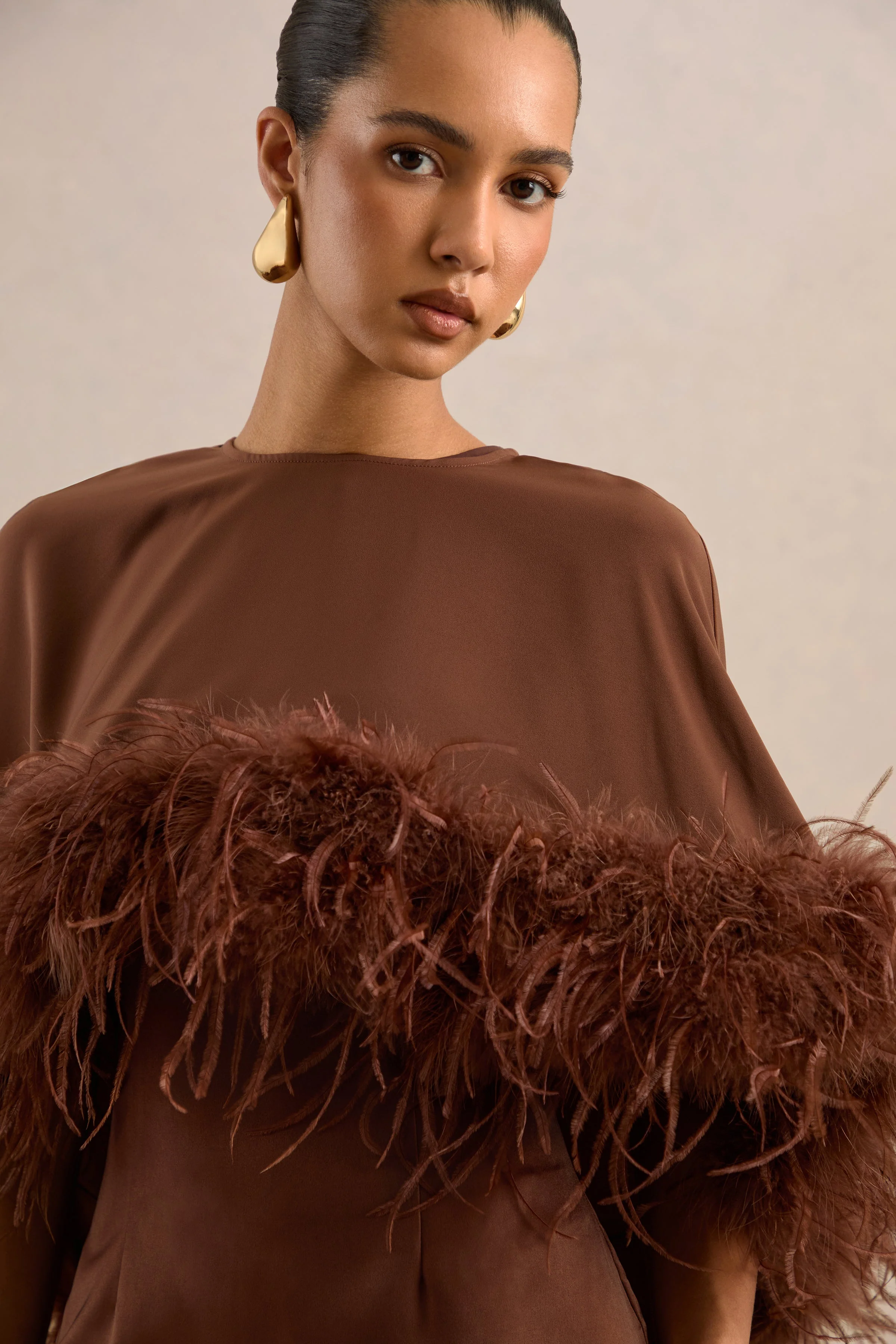 Tervessa | Brown Satin Round Neck Long Sleeve Cape With Feather Detailing