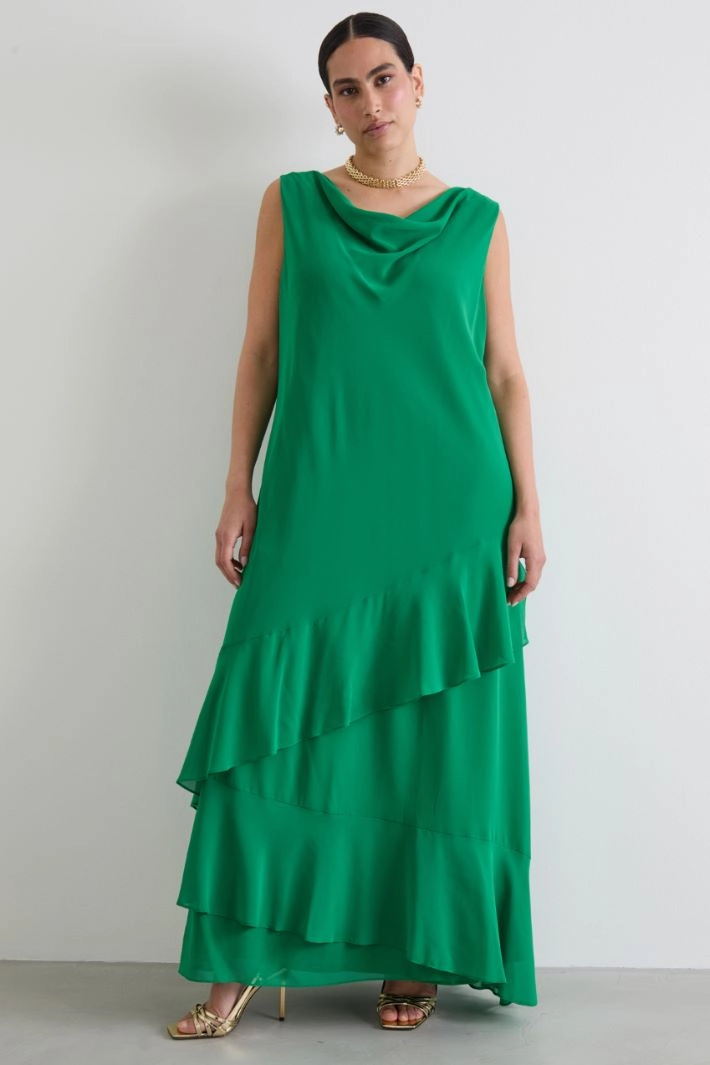 Long flounced georgette dress - GREEN