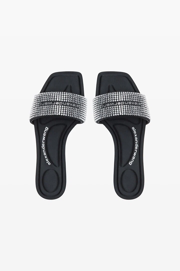 Black Satin & Crystal Hotfix Vy Sandals