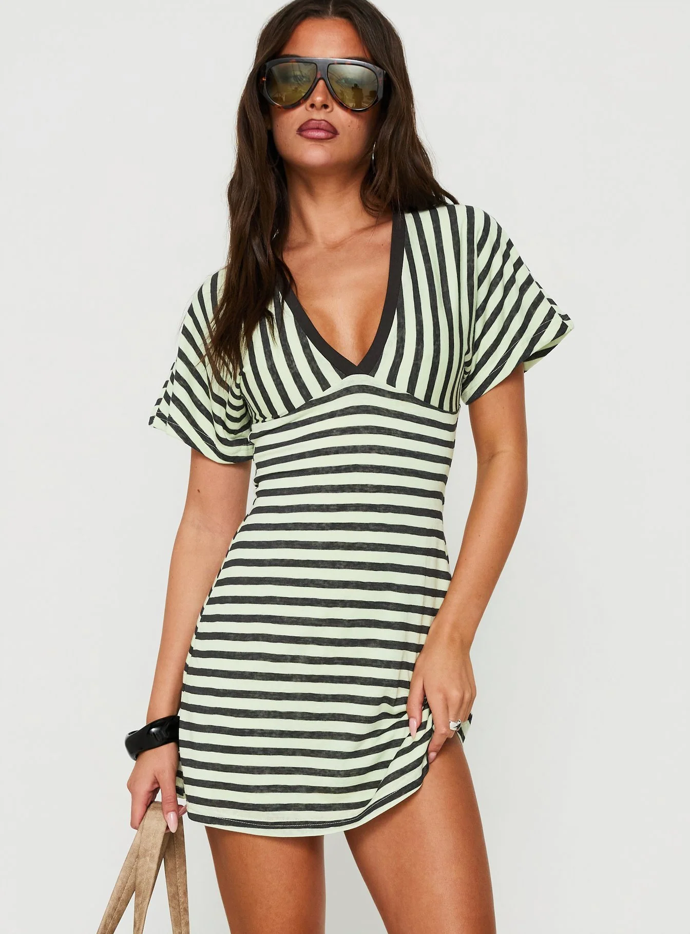Arialla V Neck Short Sleeve Mini Dress Green / Charcoal Stripe