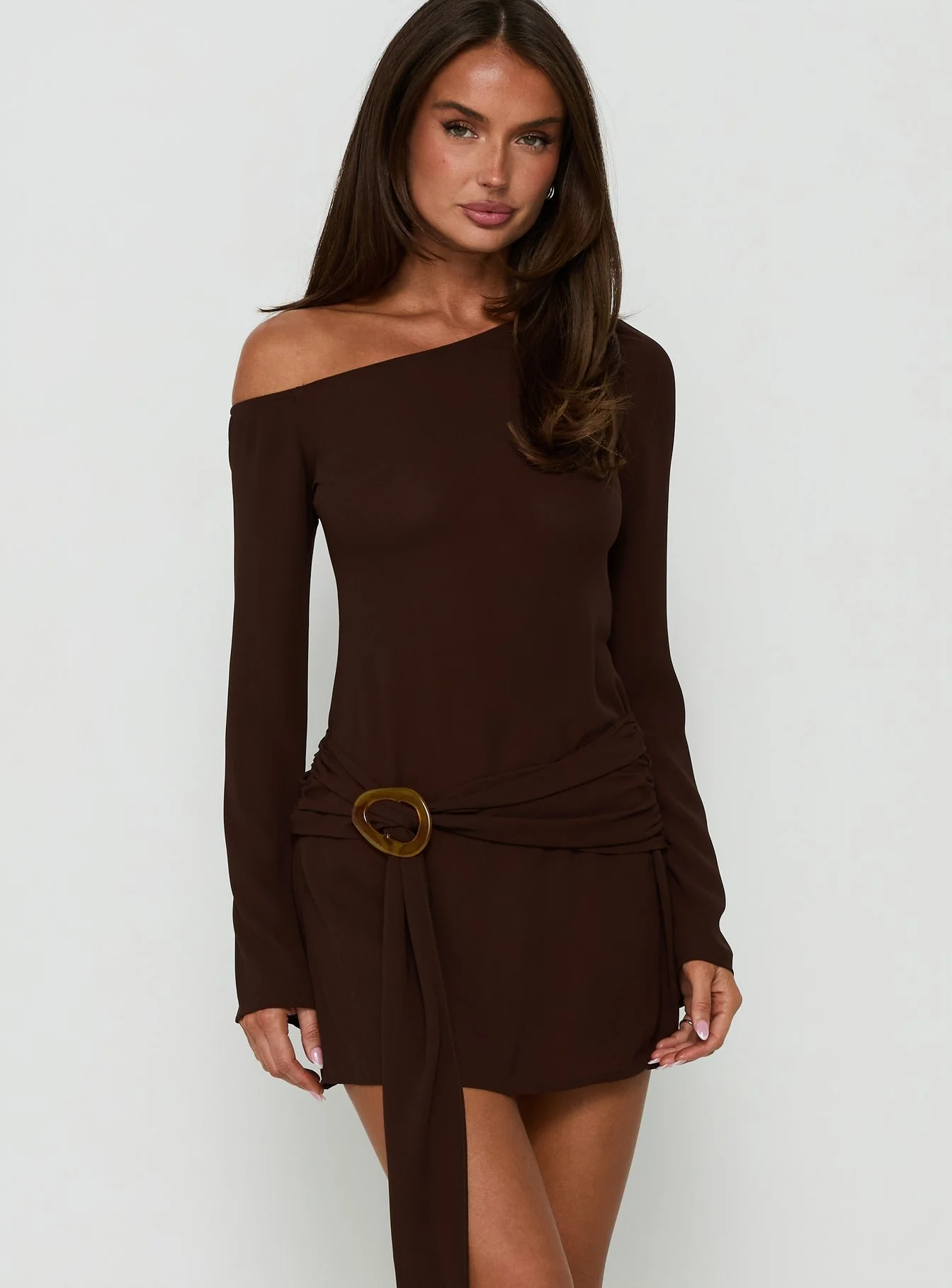 Still Spinning One Shoulder Belted Mini Dress Brown