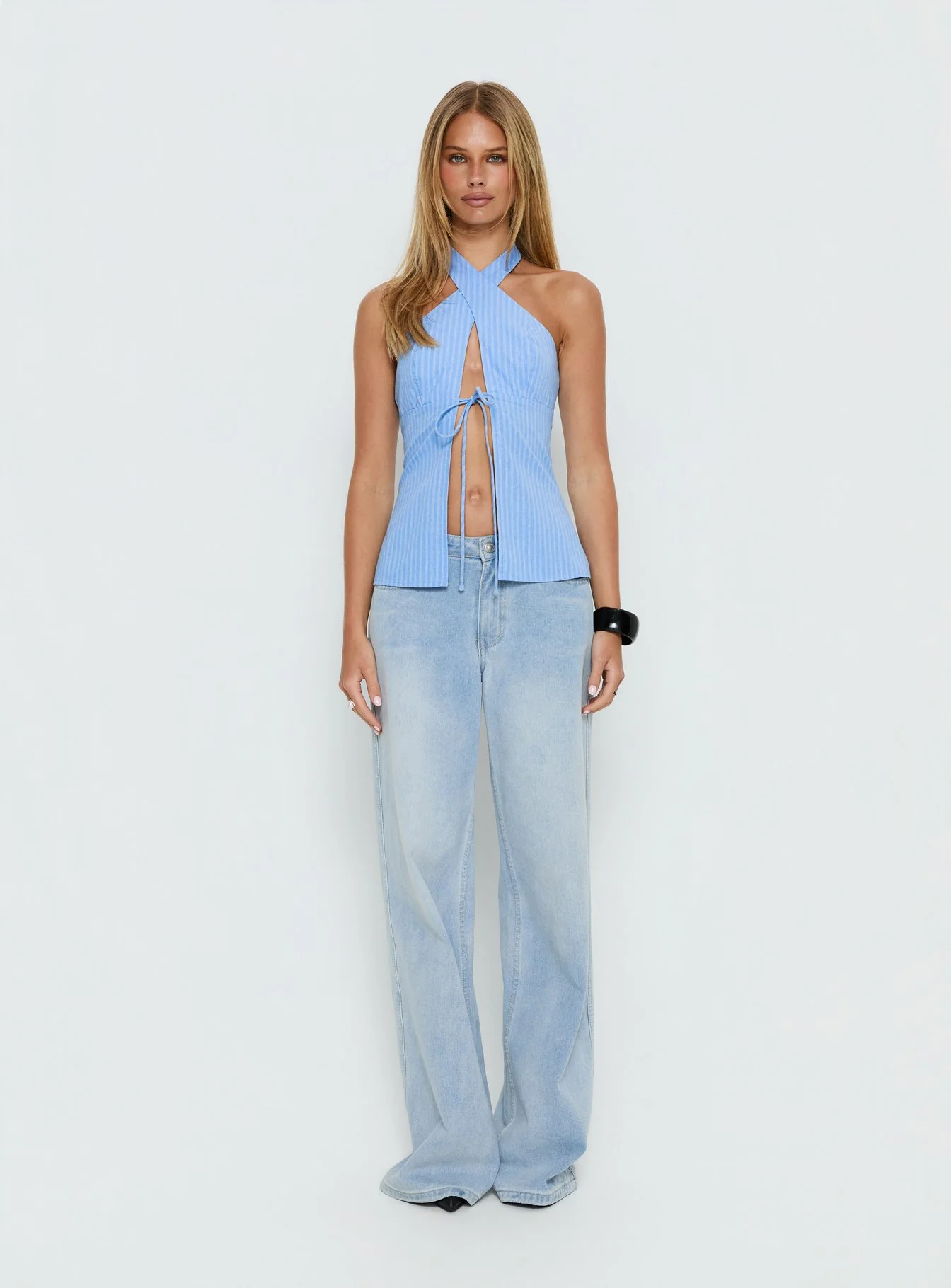 Sensational Cross Front Tie Detail Top Blue Stripe