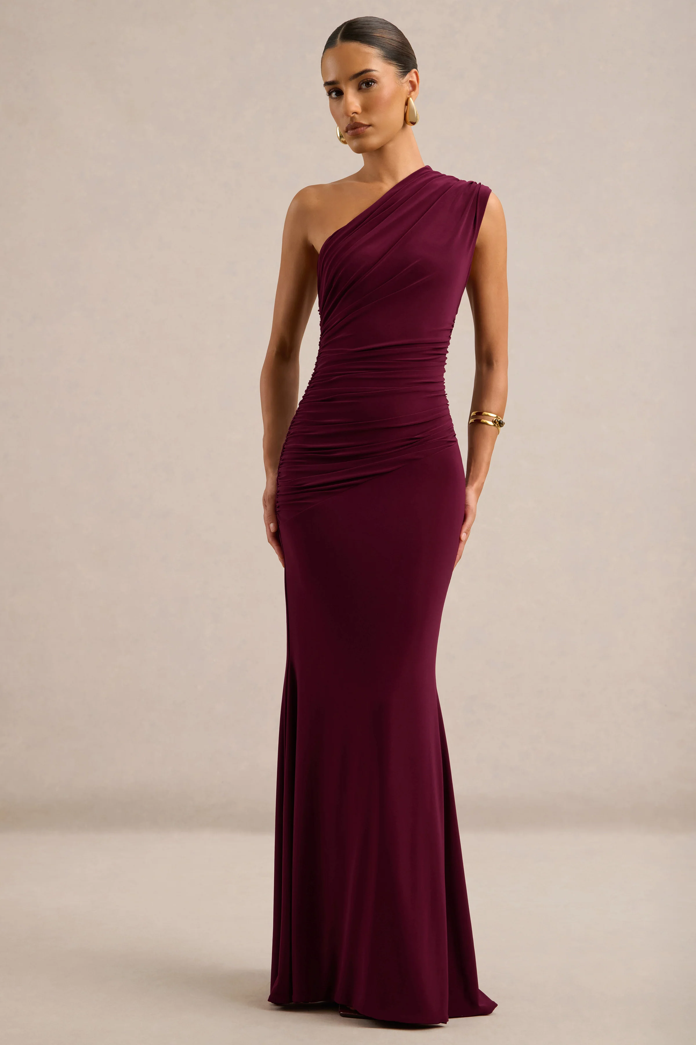 Mardi | Burgundy Asymmetric Maxi Dress With Ruching