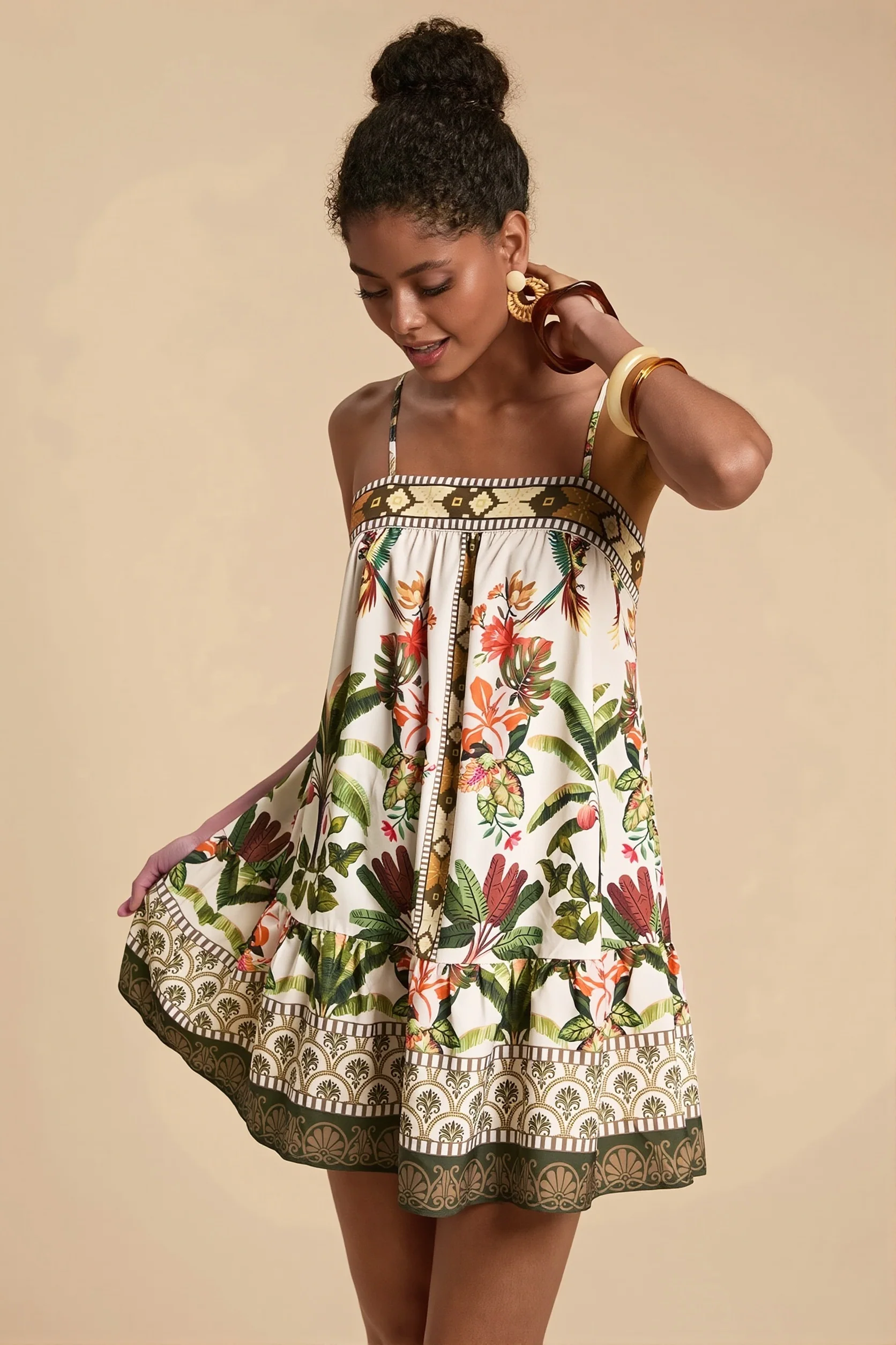 Palm Bird Print Loose Fit Cami Mini Dress