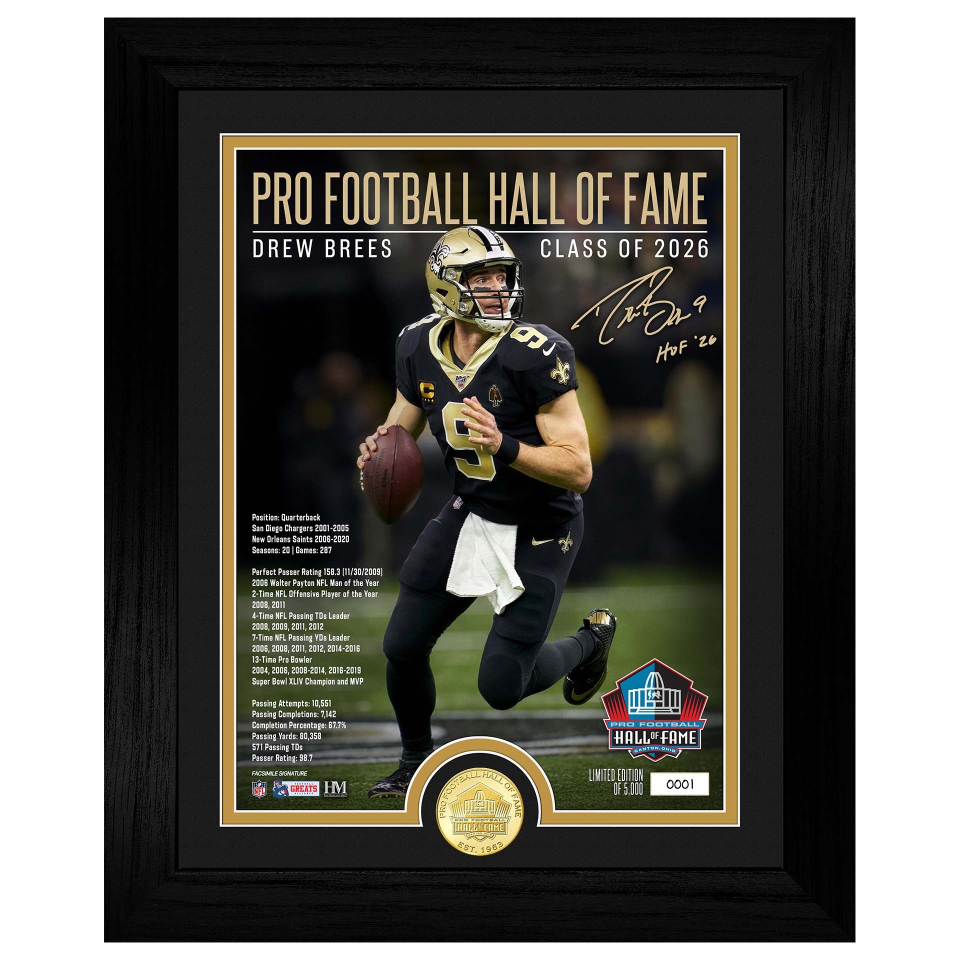 Drew Brees New Orleans Saints Hall of Fame Bronze Coin Framed NFL Photo