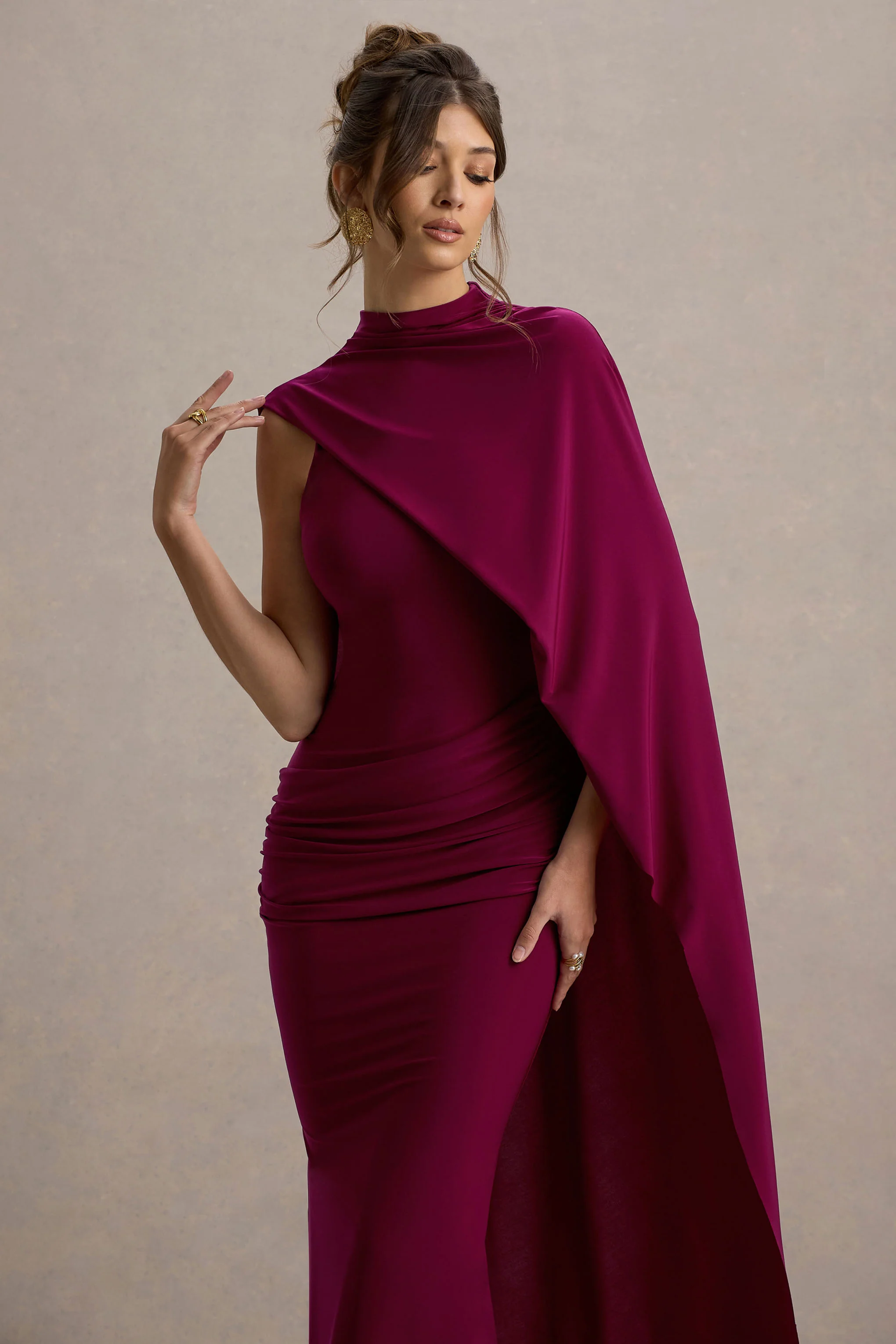 Maeve | Burgundy Cape-Sleeve Draped Maxi Dress