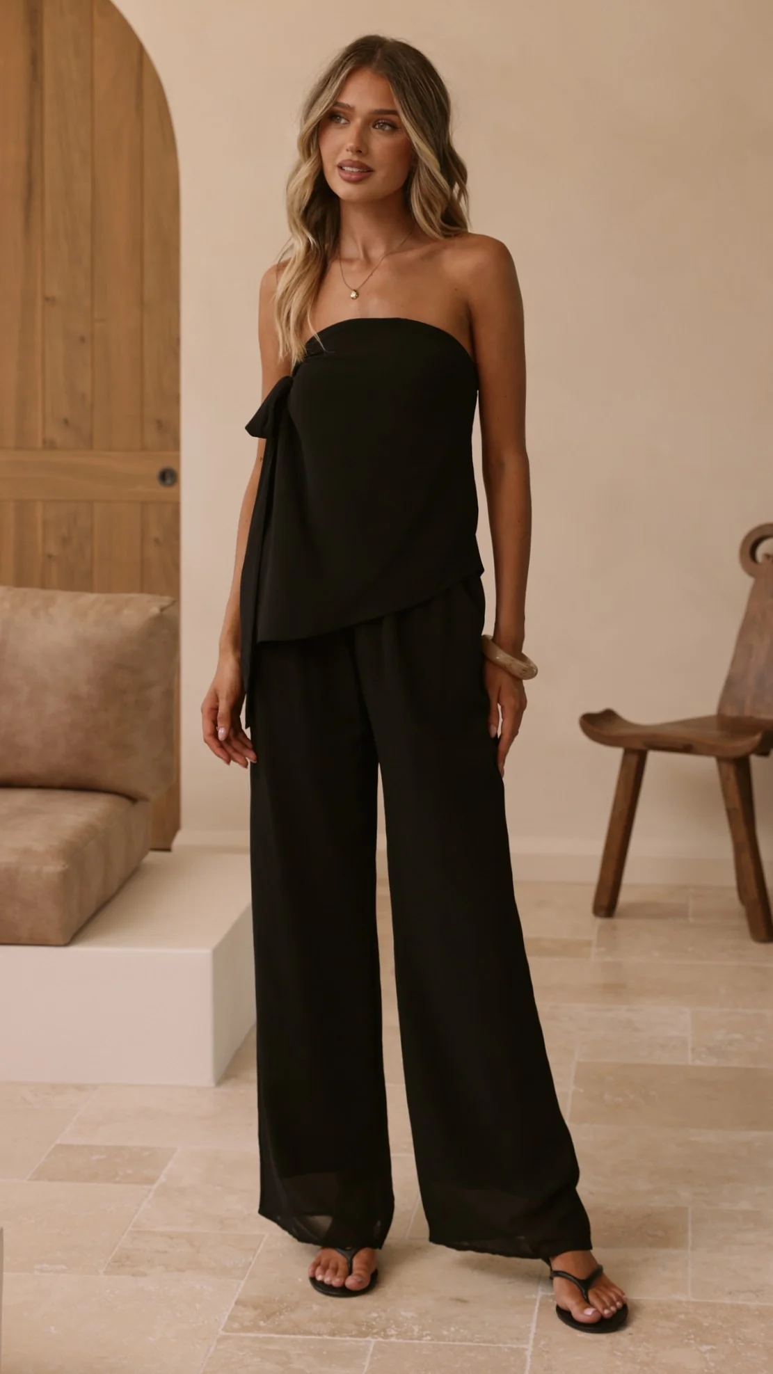 Zabrina Semi Sheer Strapless Top and Pants Set - Black