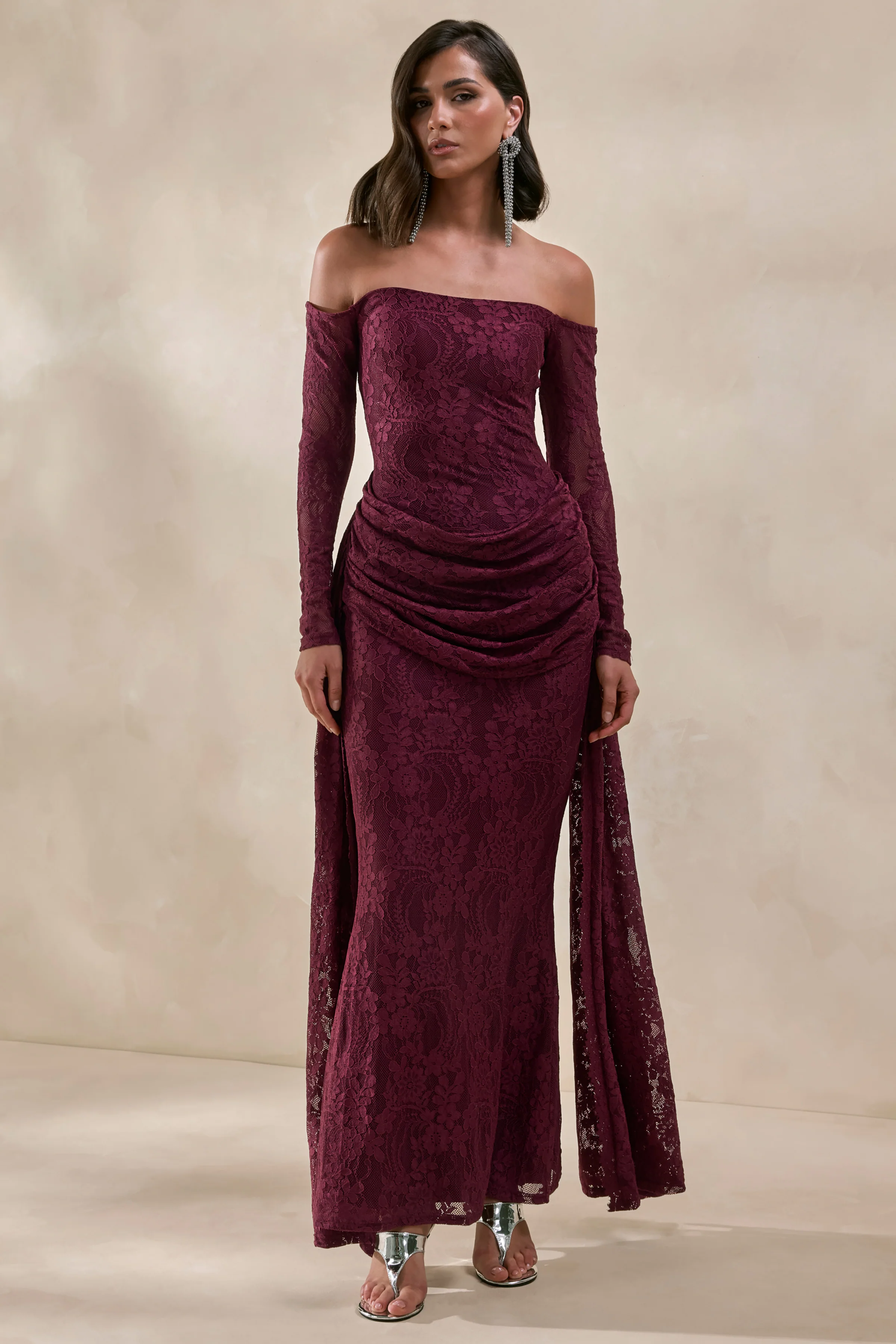 Parisse | Burgundy Lace Bardot Ruched Long Sleeve Maxi Dress With Draped Detailing
