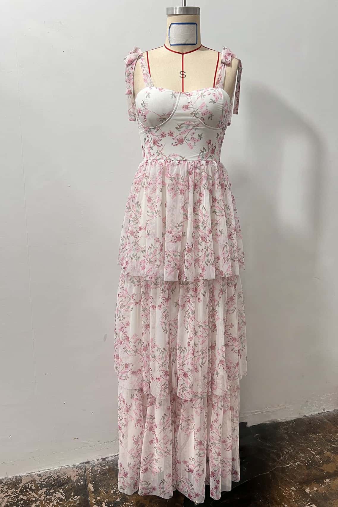 Pink Floral Corset A-line Ruffle Dress