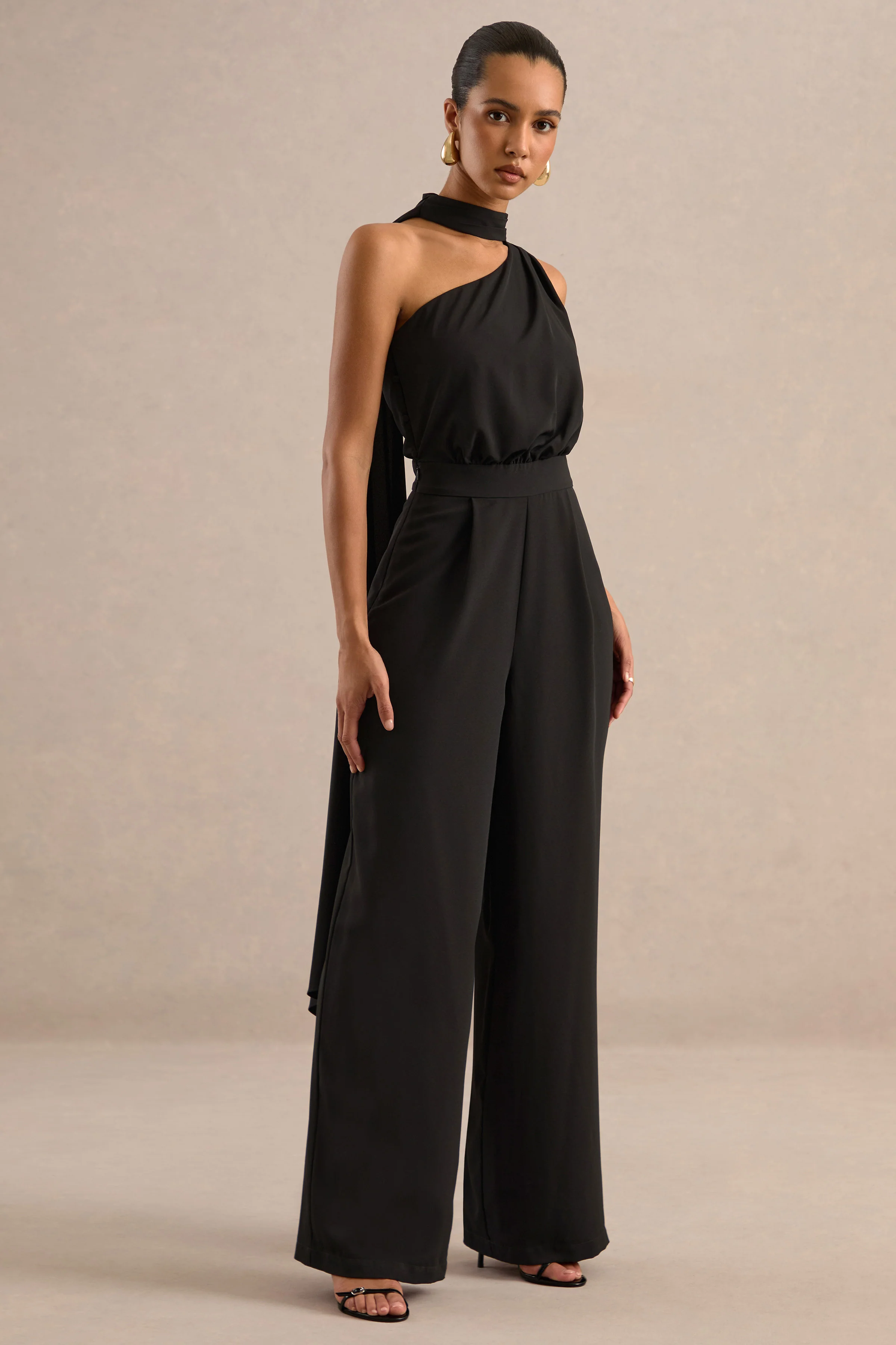 Gliselle | Black One Shoulder Jumpsuit With Scarf Detail