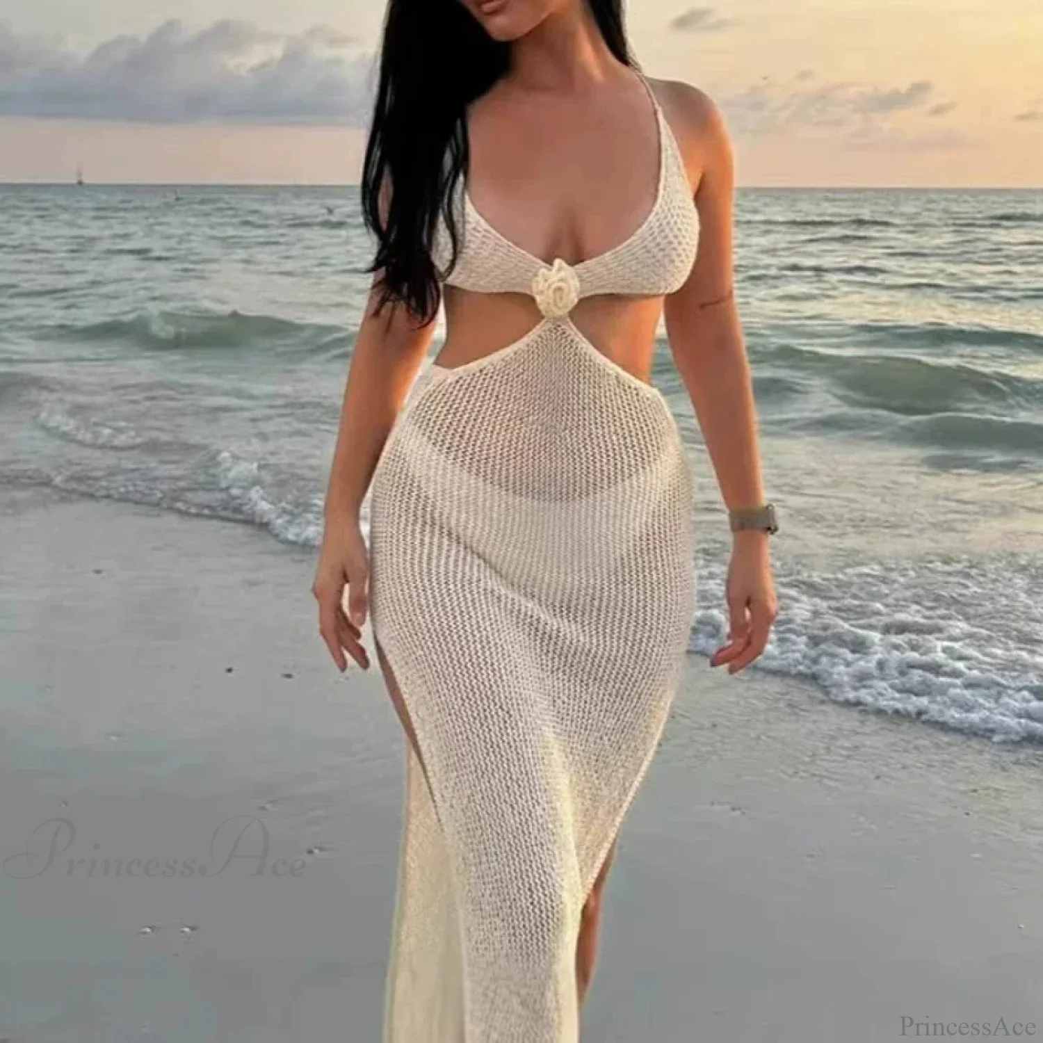 V Neck Hollow Knitted Beach Dress Bikini Set