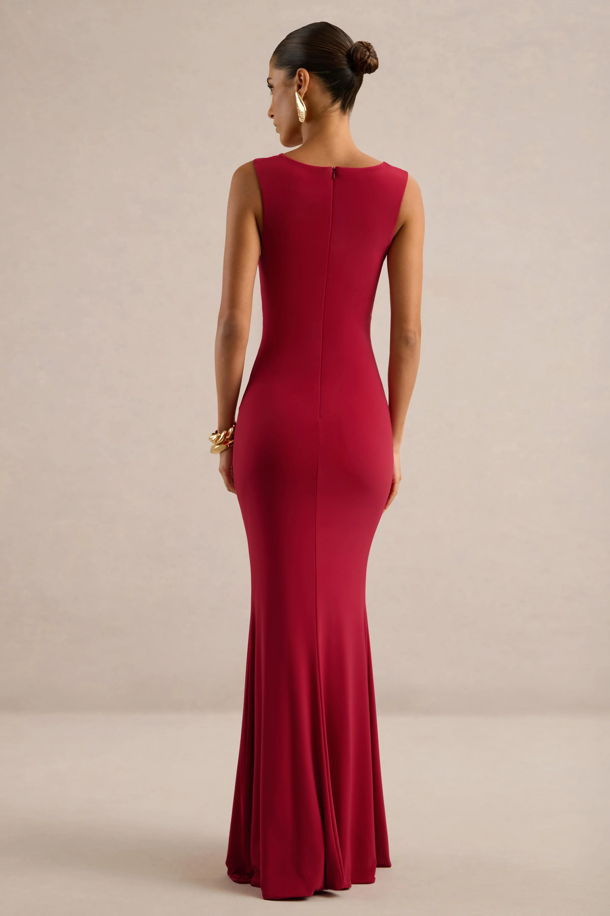Holly | Red Jersey Plunge Maxi Dress With Twist Detailing