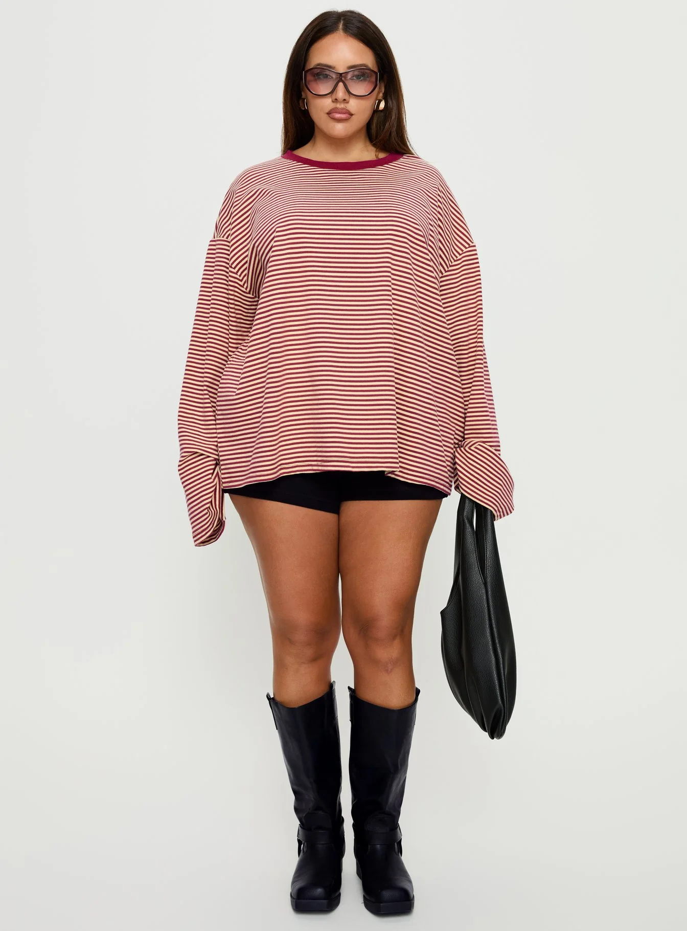 Settle Down Long Sleeve Top Lemon / Burgundy Stripe Curve